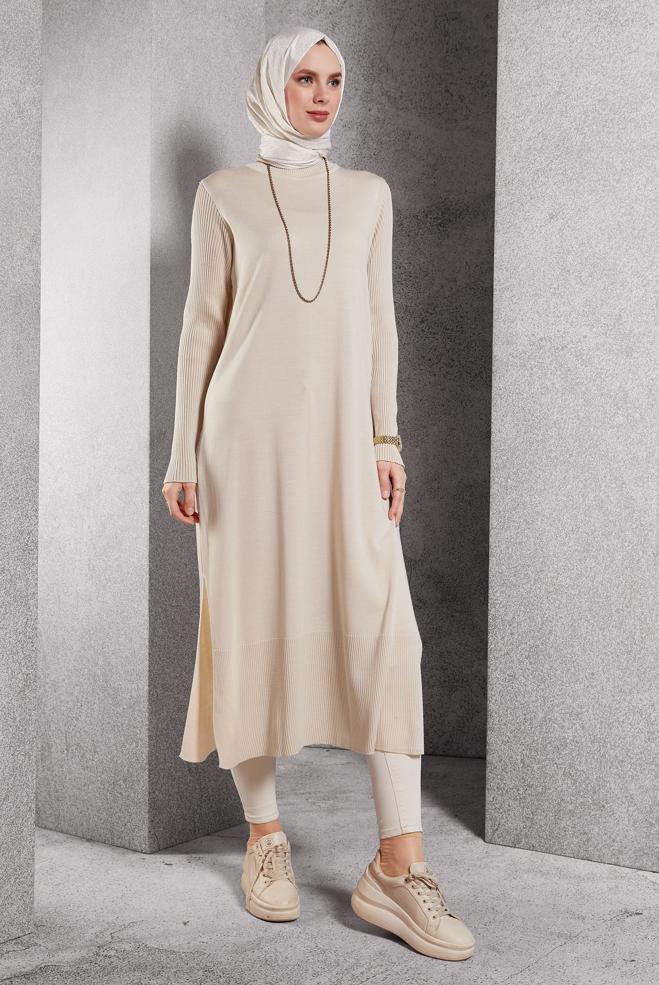 Vêtements hijab BEIGE TUNIQUE LONGUE EN MAILLE 44934 - ALVİNA
