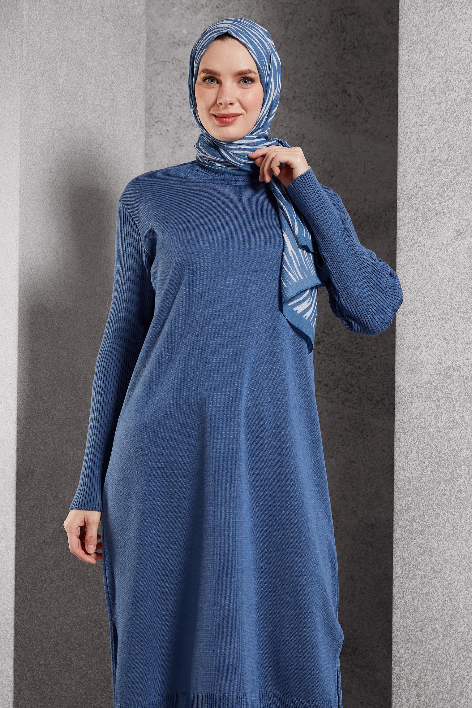 Vêtements hijab BLEU TUNIQUE LONGUE EN MAILLE 44934