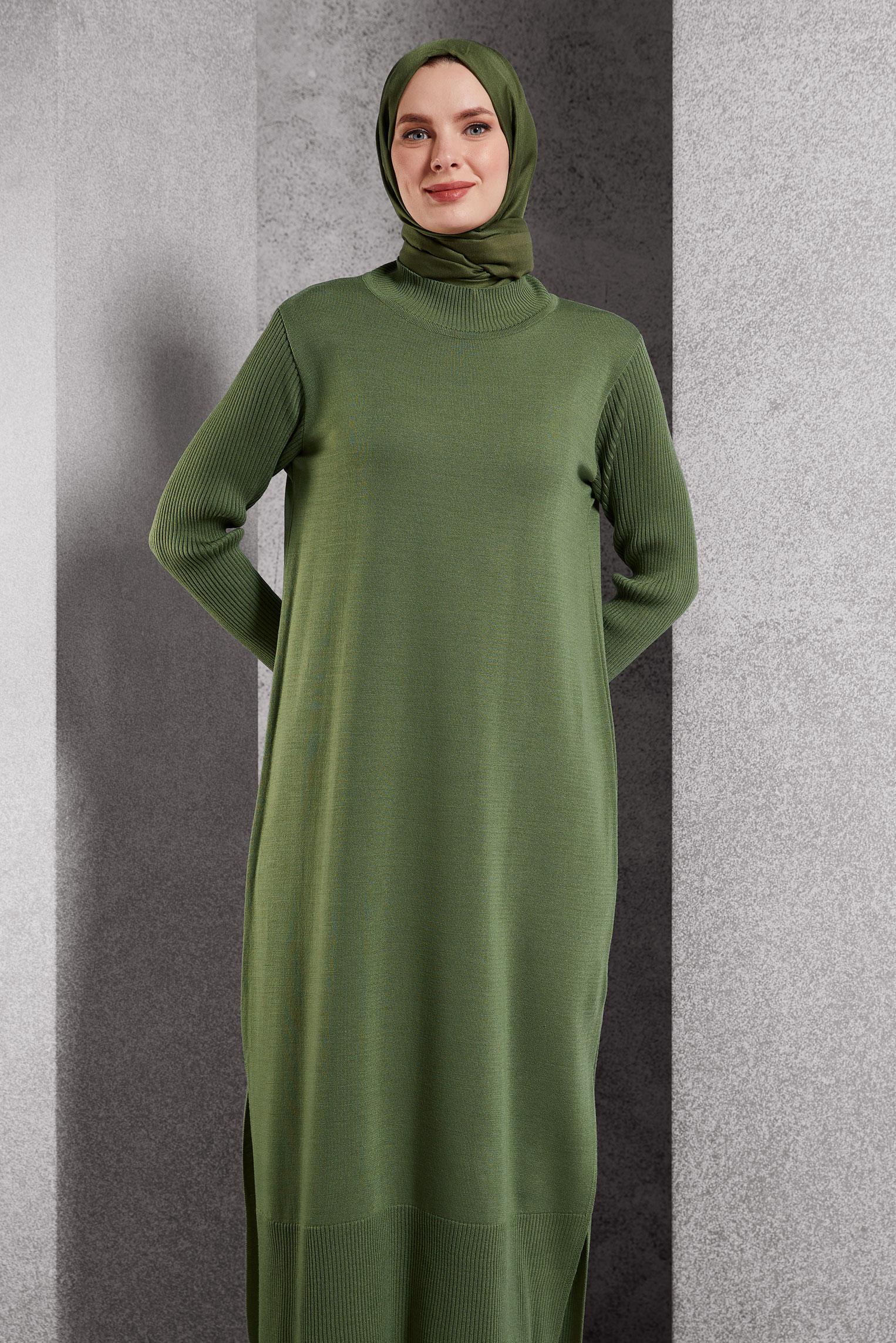 Tesettür giyim YEŞİL UZUN TRİKO TUNİK 44934