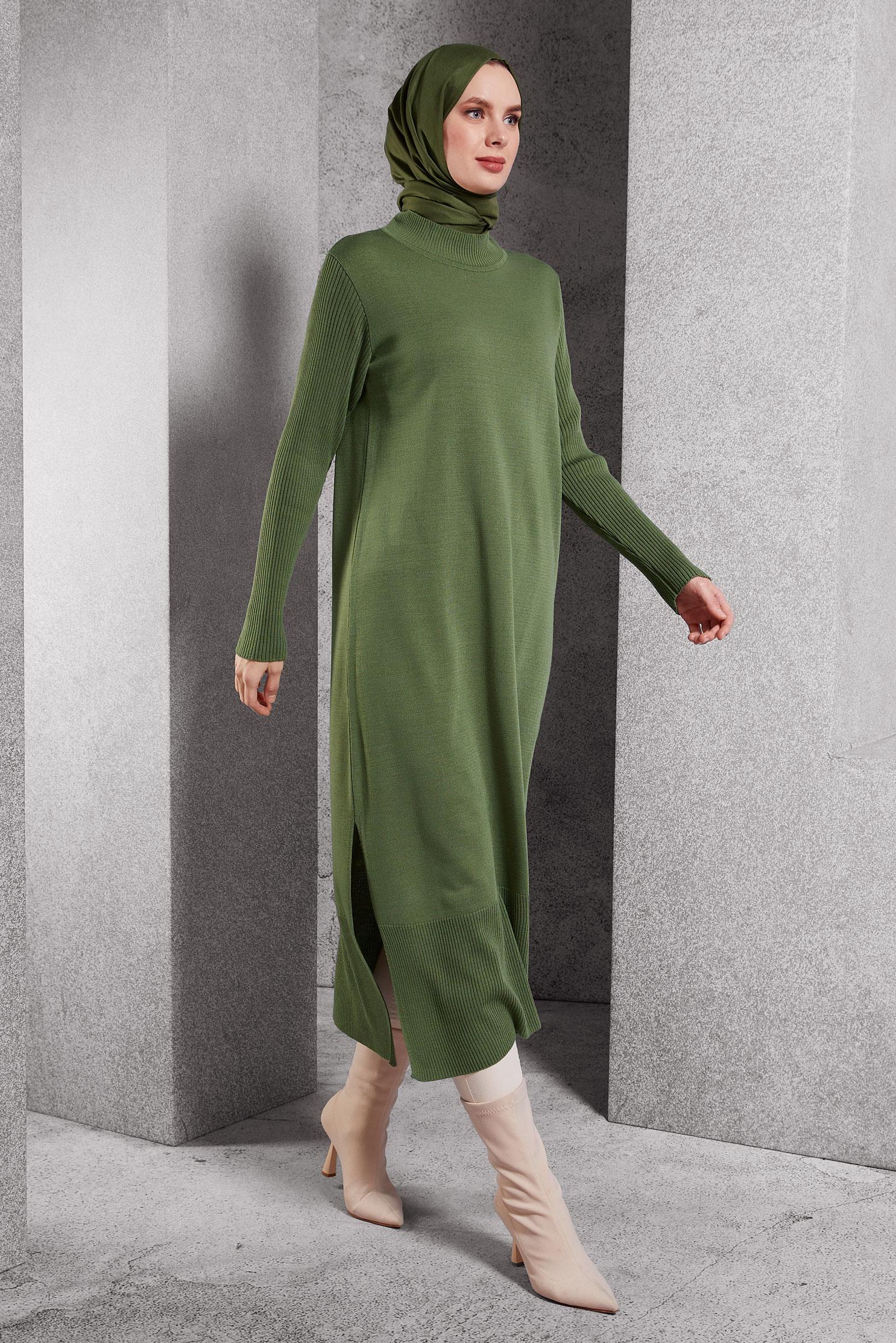 Tesettür giyim YEŞİL UZUN TRİKO TUNİK 44934