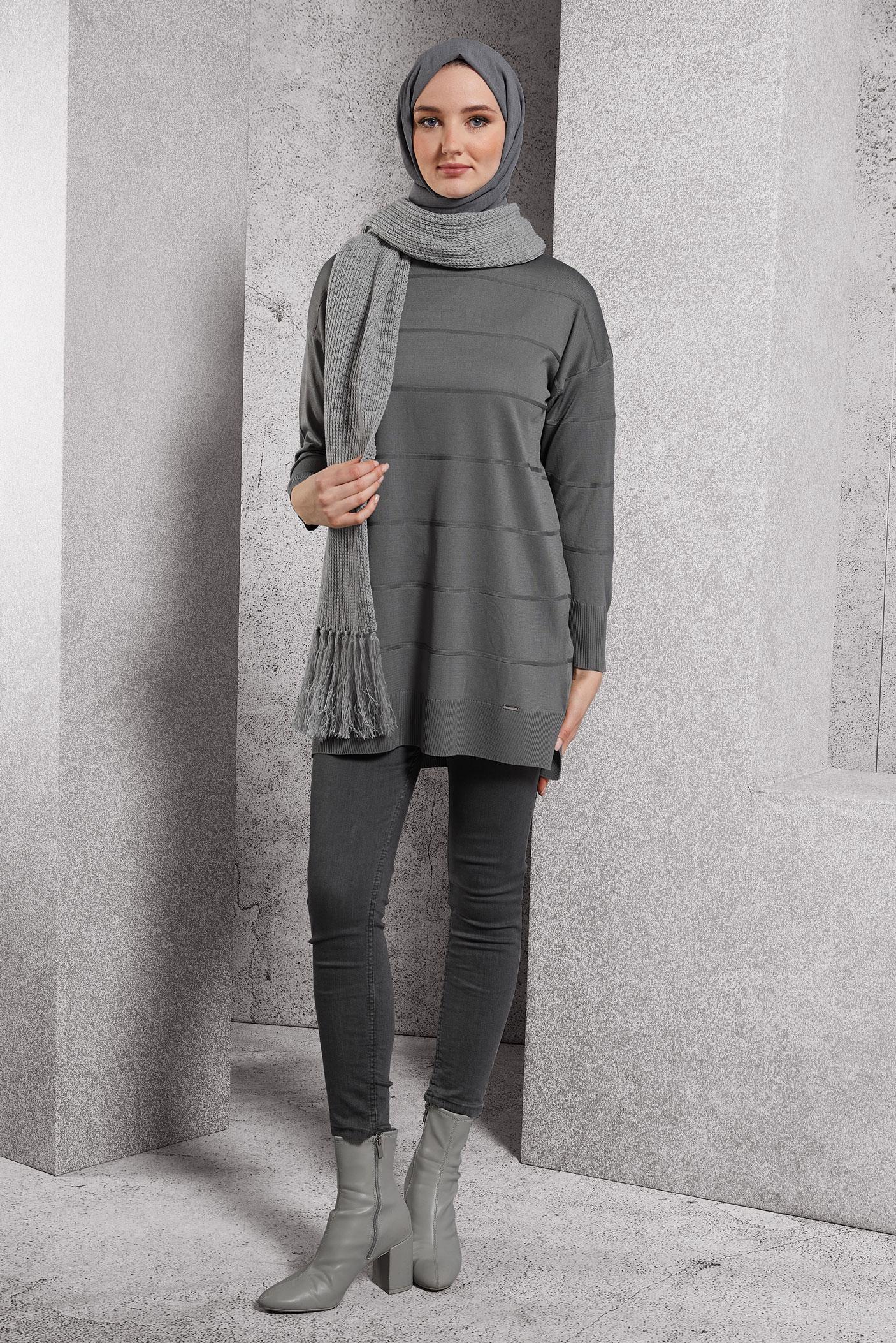 Tesettür giyim GRİ DÜZ TRİKO TUNİK 44975