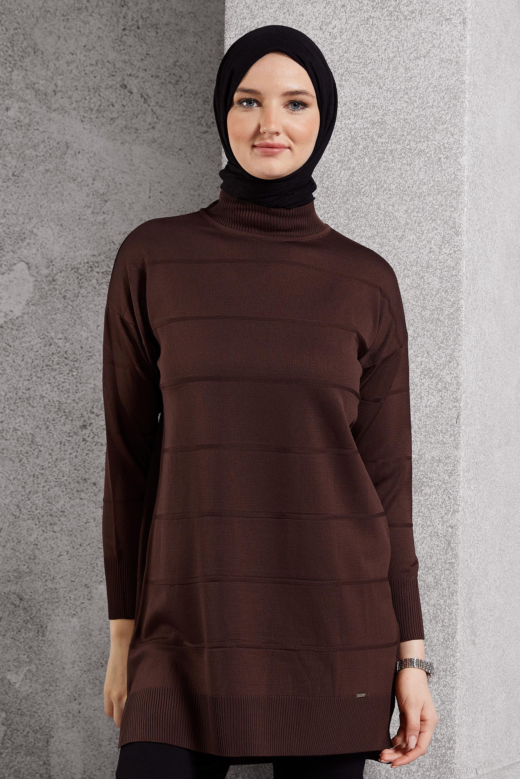 Tesettür giyim KAHVE DÜZ TRİKO TUNİK 44975