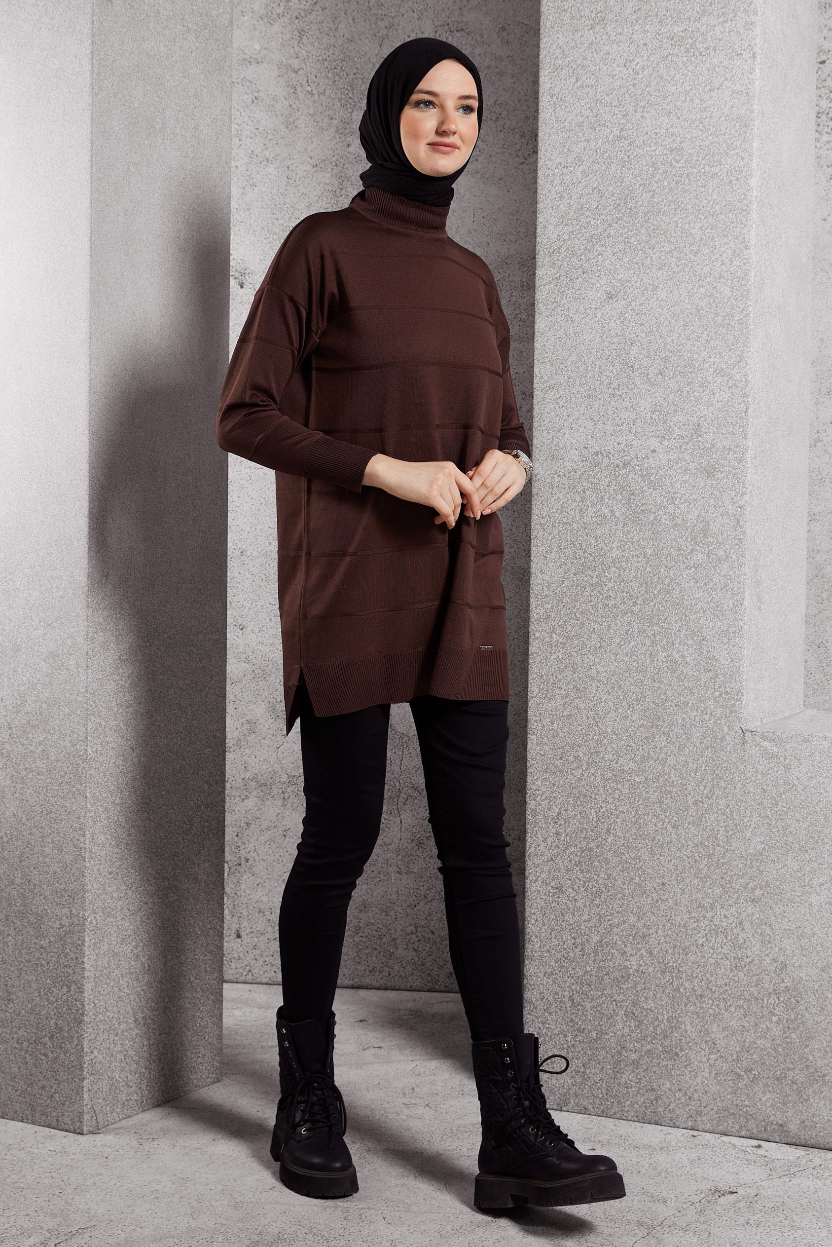 Tesettür giyim KAHVE DÜZ TRİKO TUNİK 44975