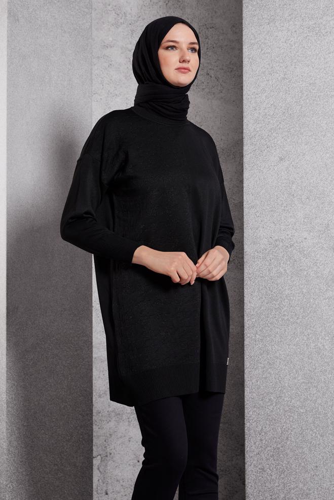 Vêtements hijab NOIR TUNIQUE EN MAILLE BASIQUE 44977 - ALVİNA
