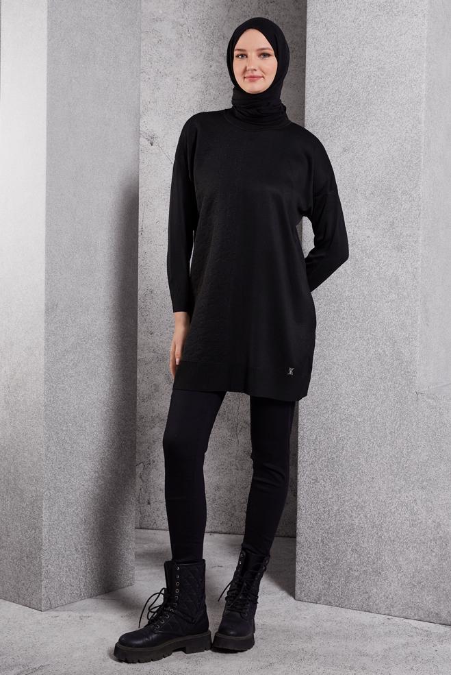 Vêtements hijab NOIR TUNIQUE EN MAILLE BASIQUE 44977 - ALVİNA