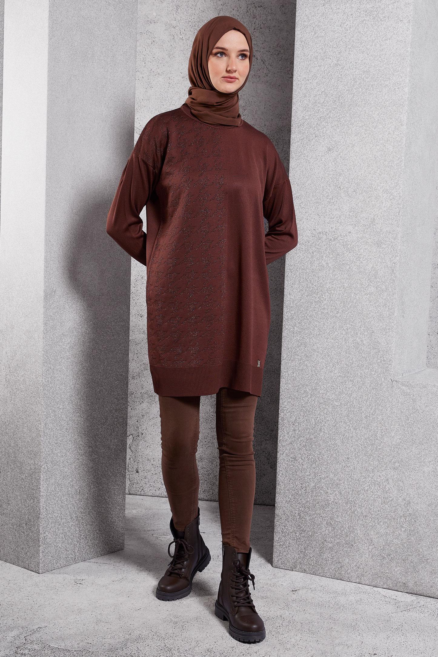 Tesettür giyim KAHVE DÜZ TRİKO TUNİK 44977