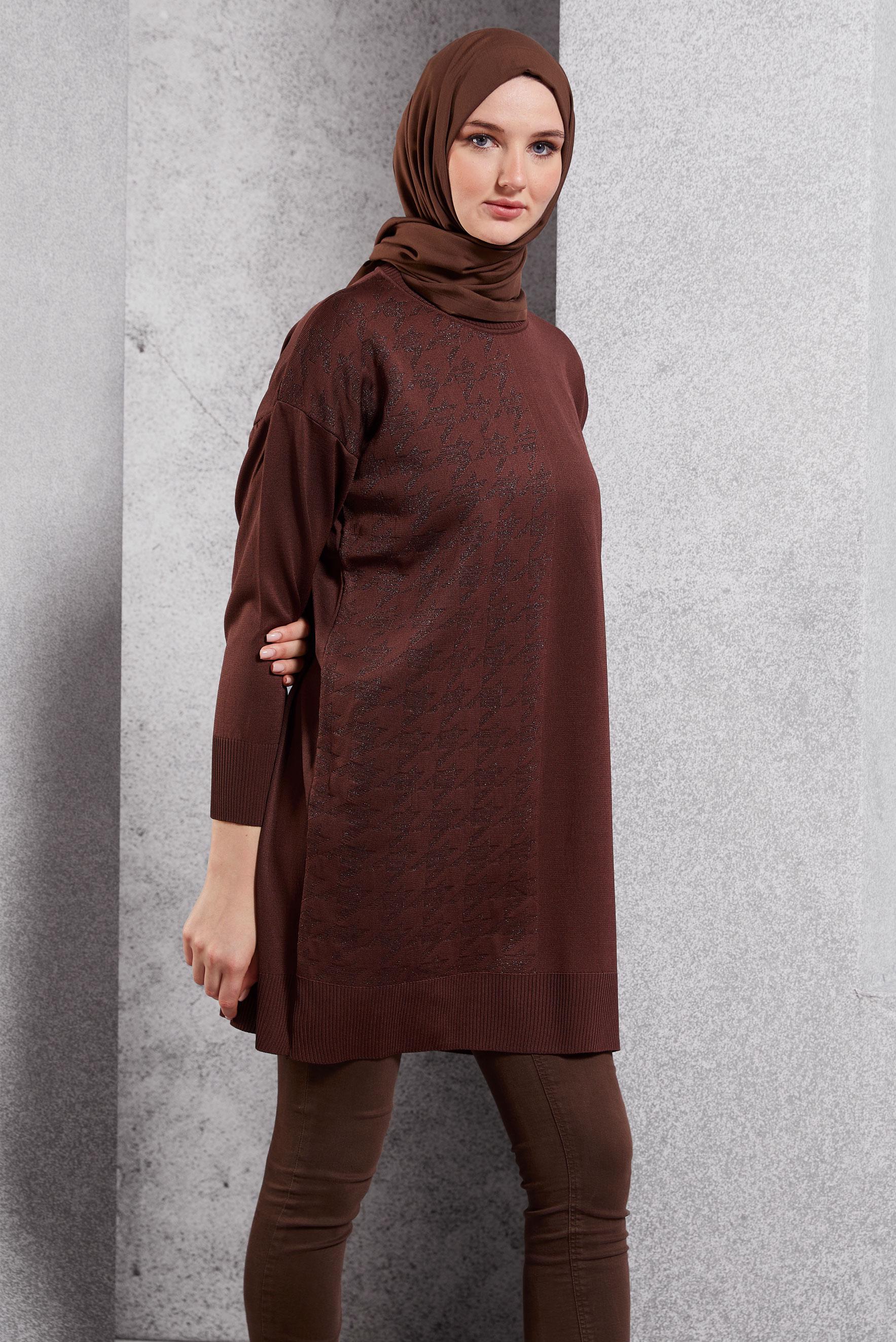 Tesettür giyim KAHVE DÜZ TRİKO TUNİK 44977