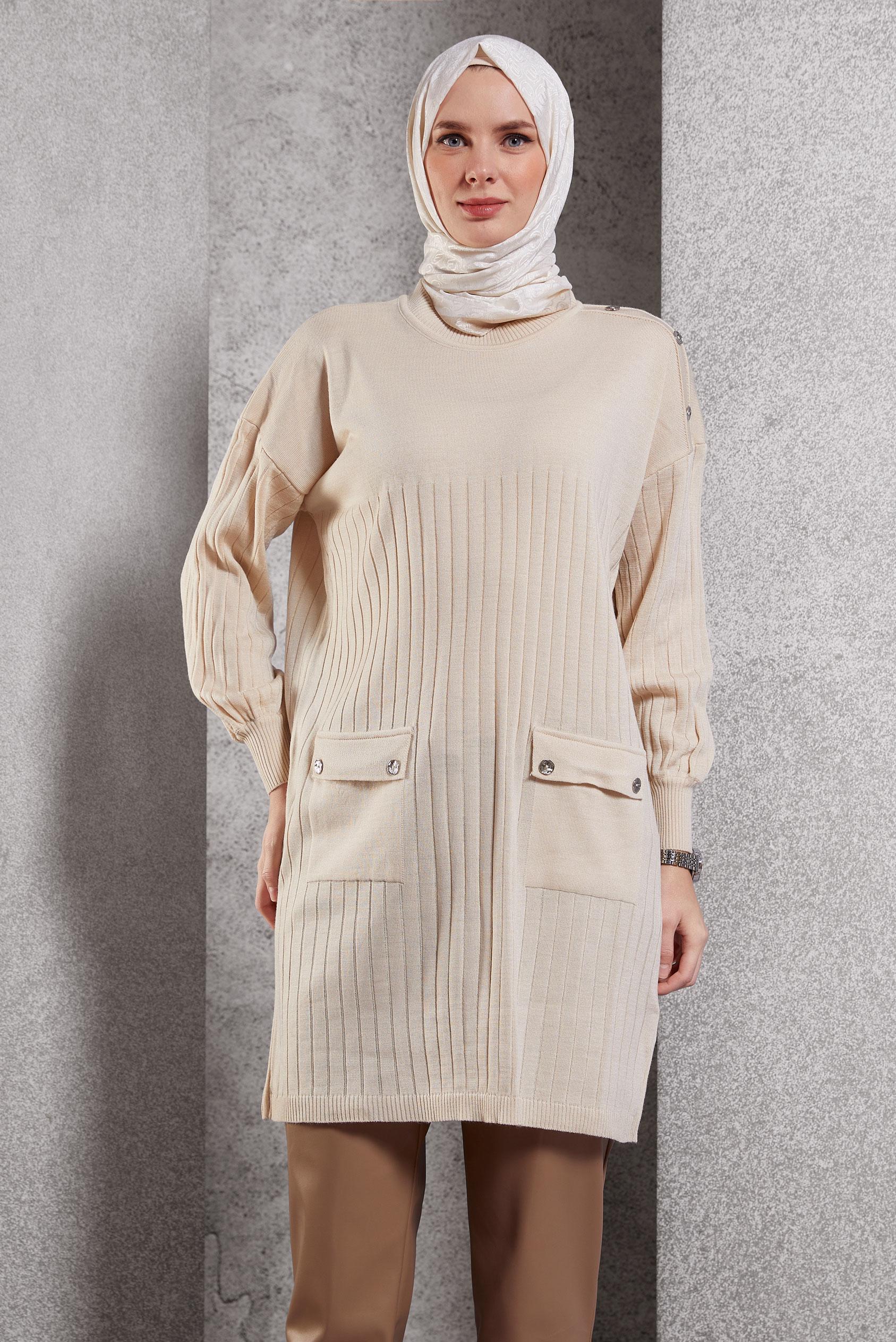 Tesettür giyim BEJ TRİKO TUNİK 44979