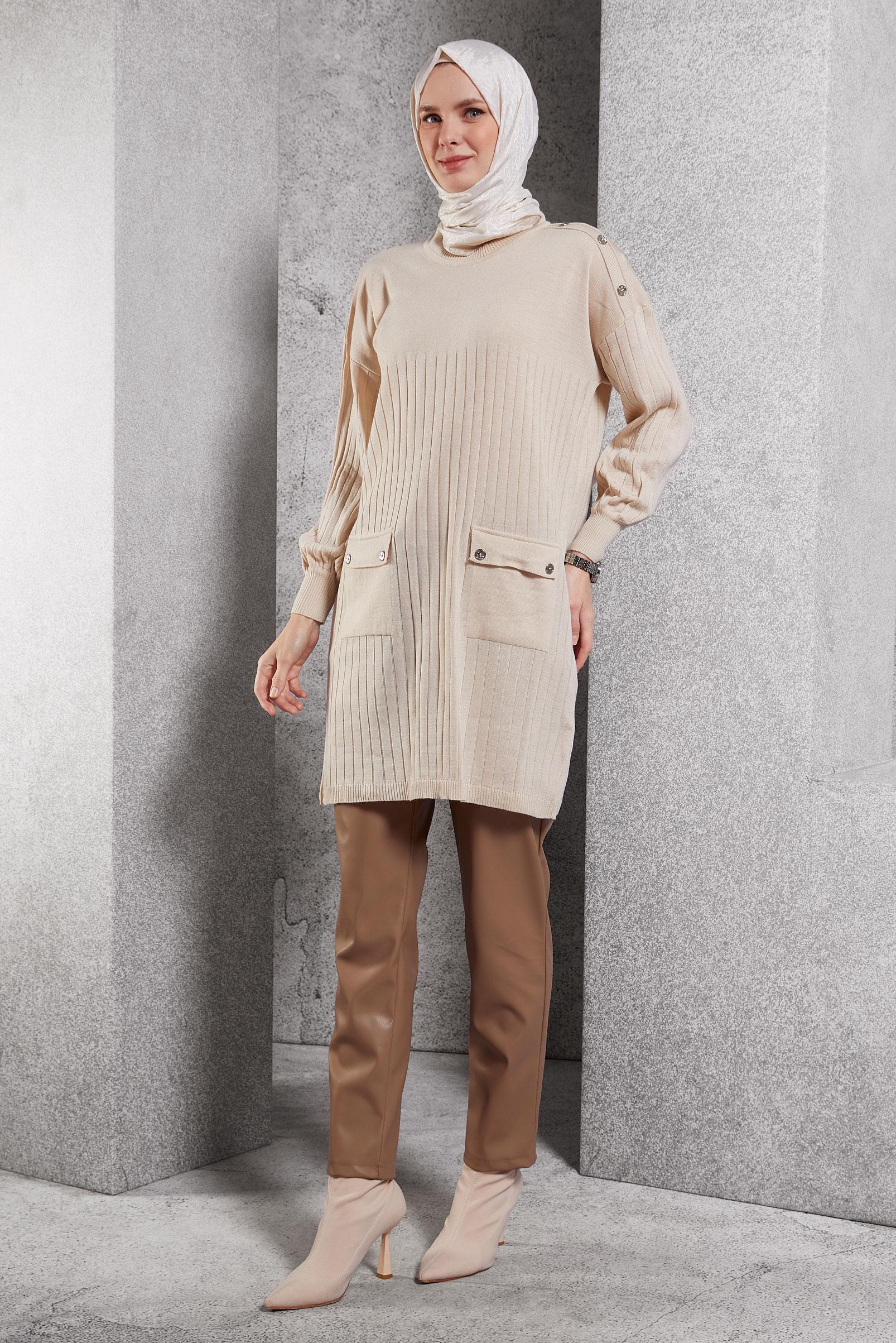 Tesettür giyim BEJ TRİKO TUNİK 44979