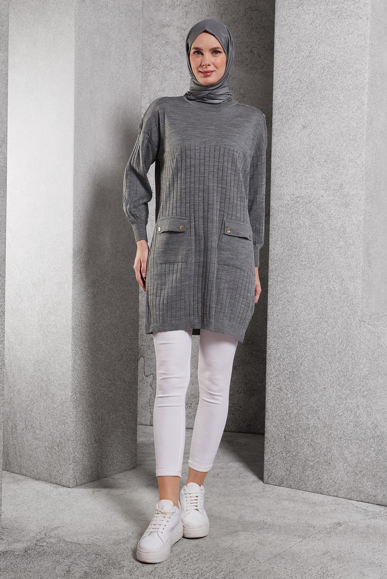 Tesettür giyim GRİ TRİKO TUNİK 44979