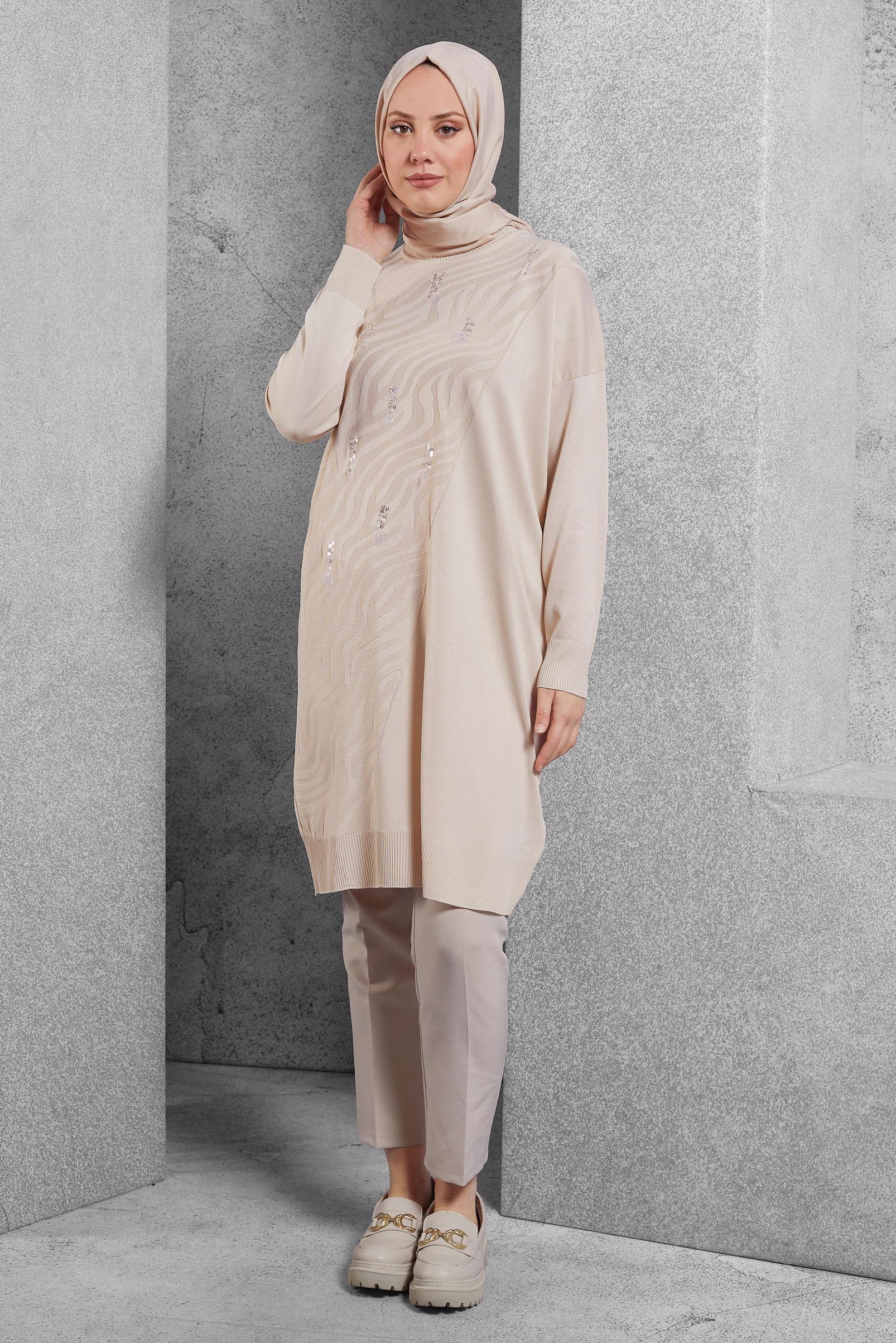 Tesettür giyim BEJ TRİKO TUNİK 44980