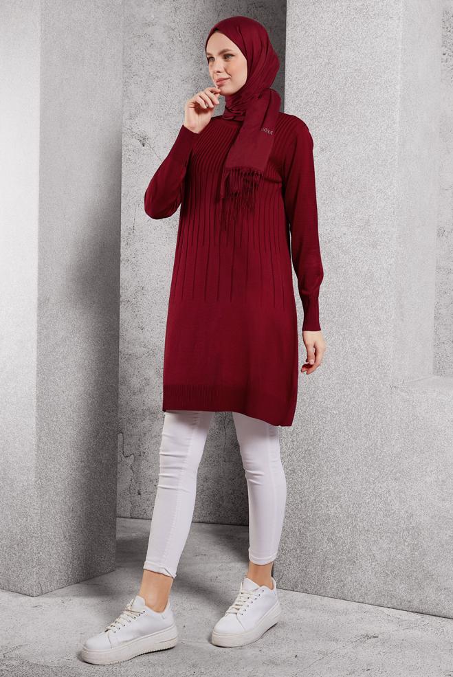 Vêtements hijab ROUGE TUNIQUE EN TRICOT 44986 - ALVİNA