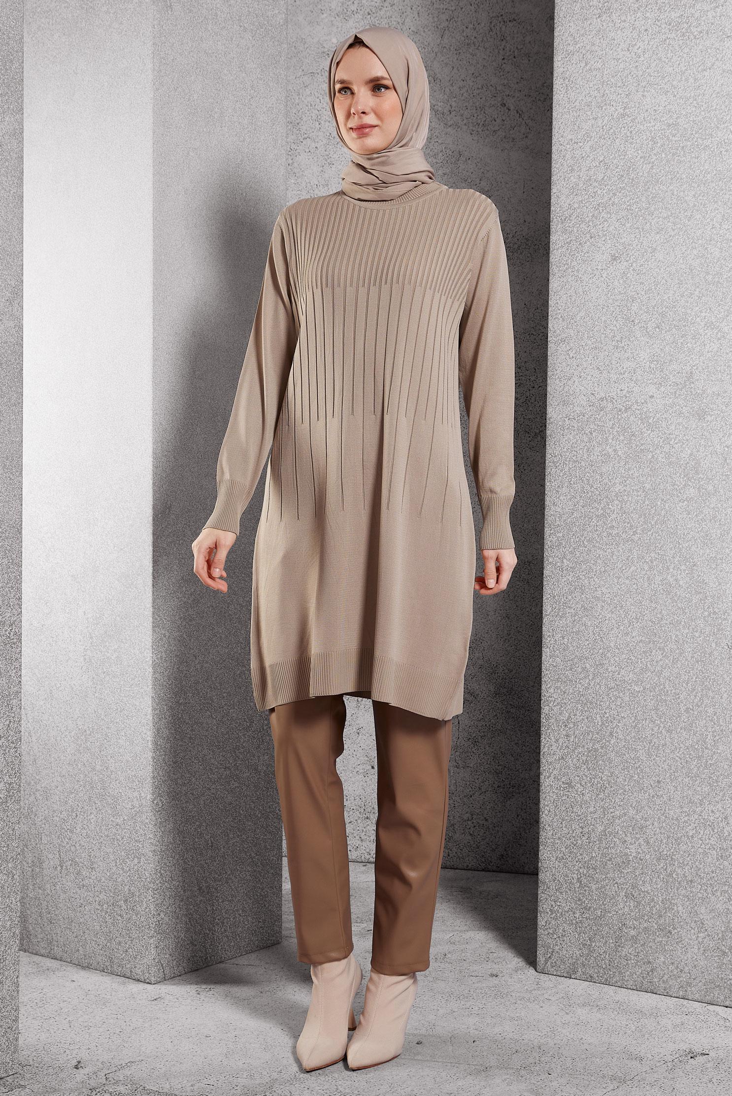Tesettür giyim BEJ TRİKO TUNİK 44986