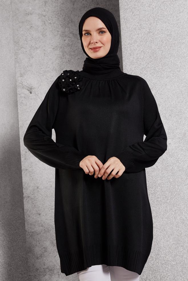 Vêtements hijab NOIR TUNIQUE EN TRICOT AVEC BROCHE 44987 - ALVİNA
