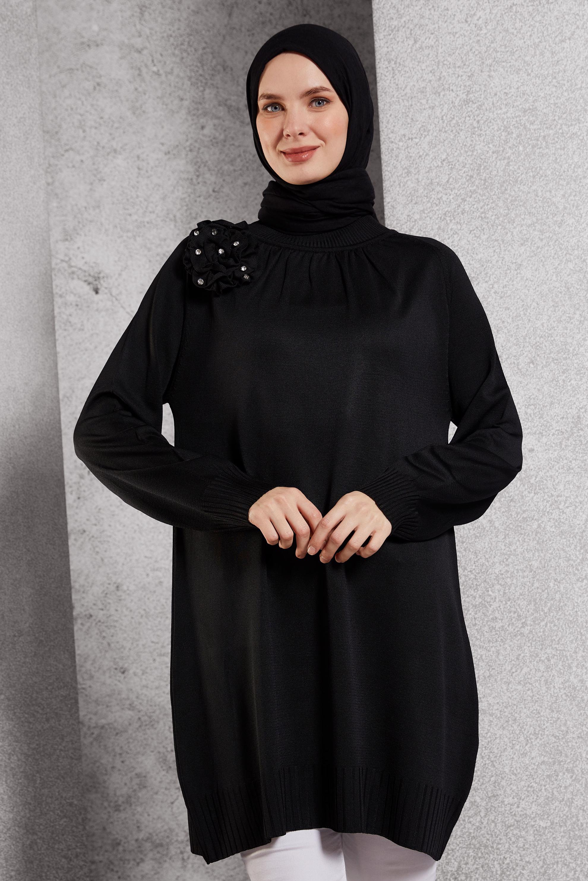 Vêtements hijab NOIR TUNIQUE EN TRICOT AVEC BROCHE 44987