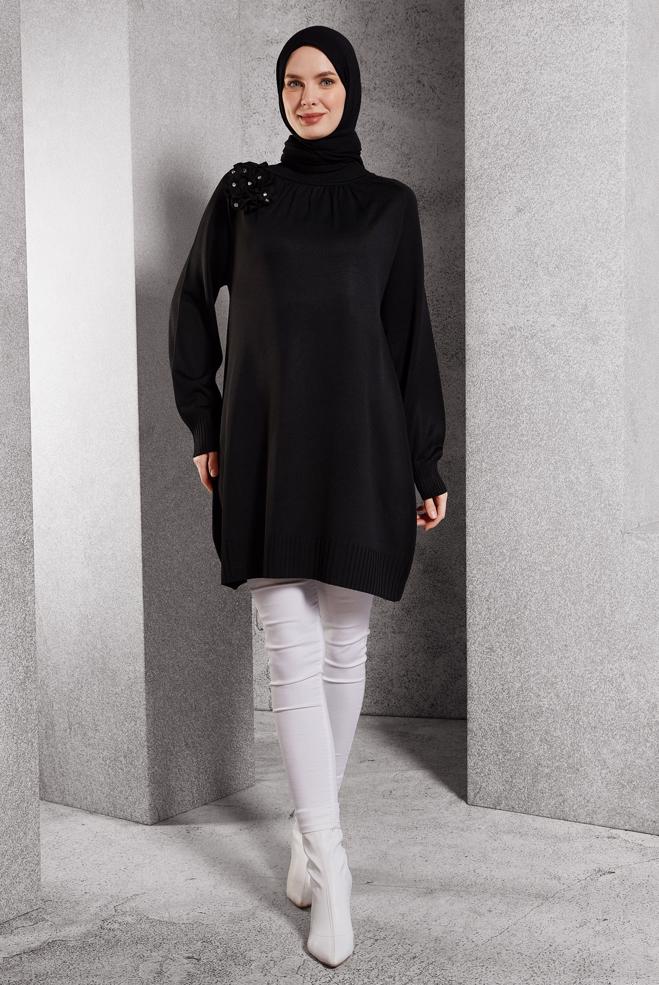 Vêtements hijab NOIR TUNIQUE EN TRICOT AVEC BROCHE 44987 - ALVİNA