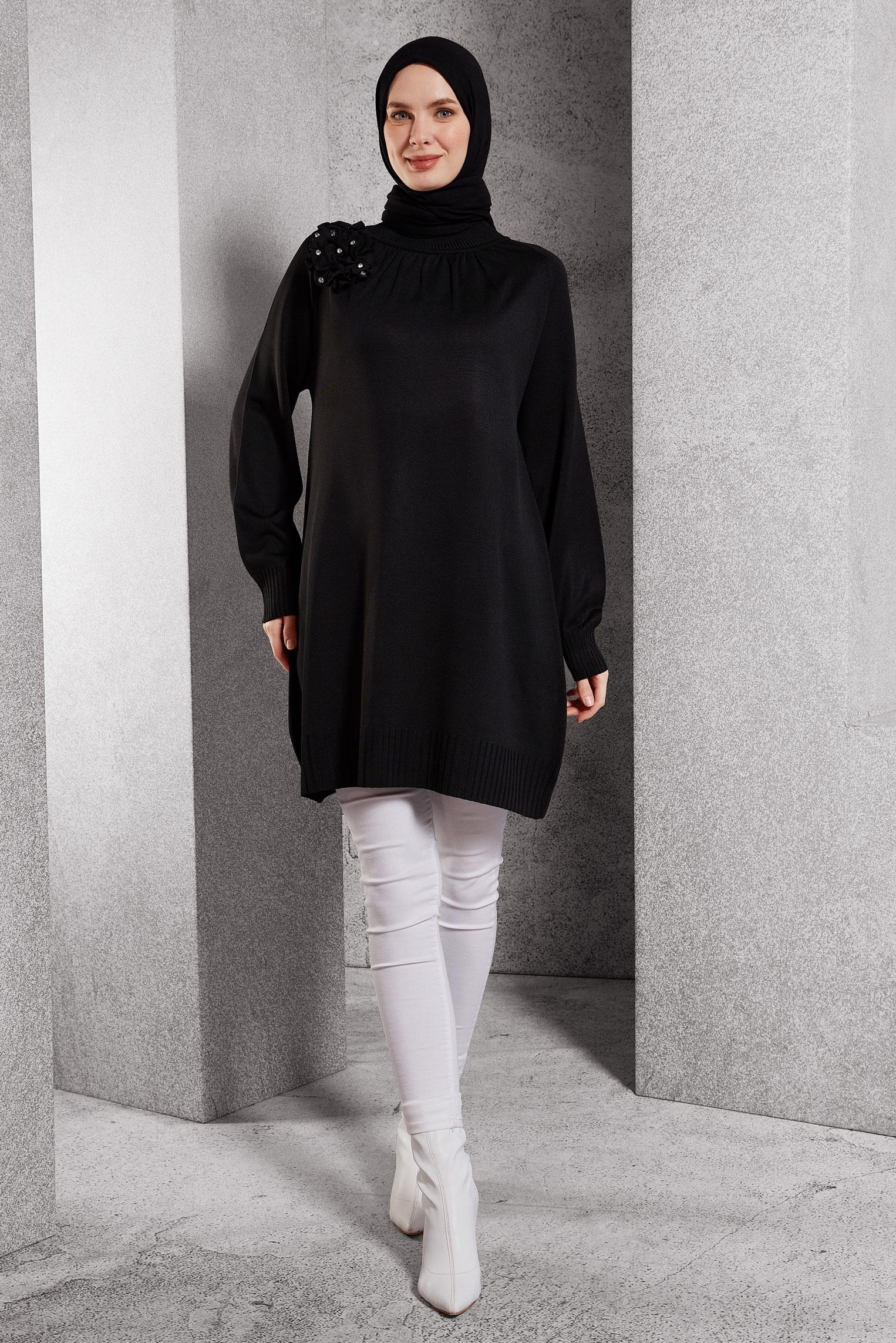 Vêtements hijab NOIR TUNIQUE EN TRICOT AVEC BROCHE 44987