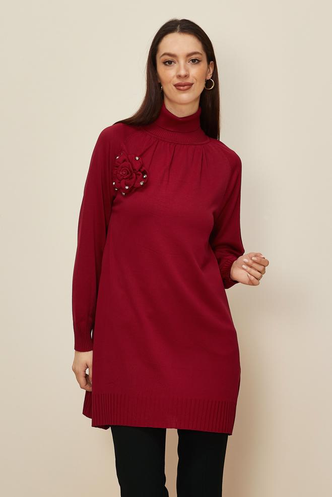 Vêtements hijab ROUGE TUNIQUE EN TRICOT AVEC BROCHE 44987 - ALVİNA