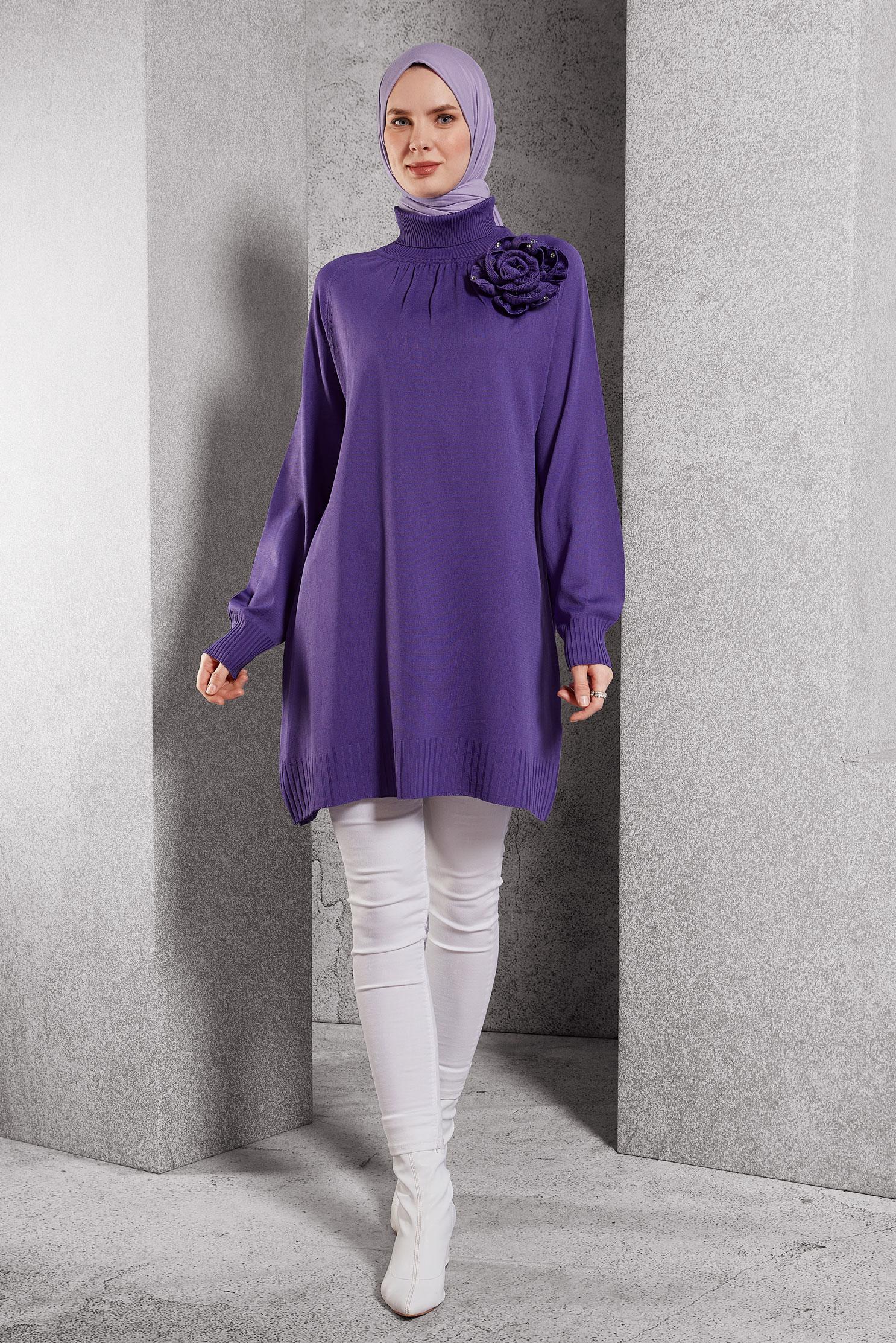 Tesettür giyim MOR BROŞ DETAYLI TRİKO TUNİK 44987