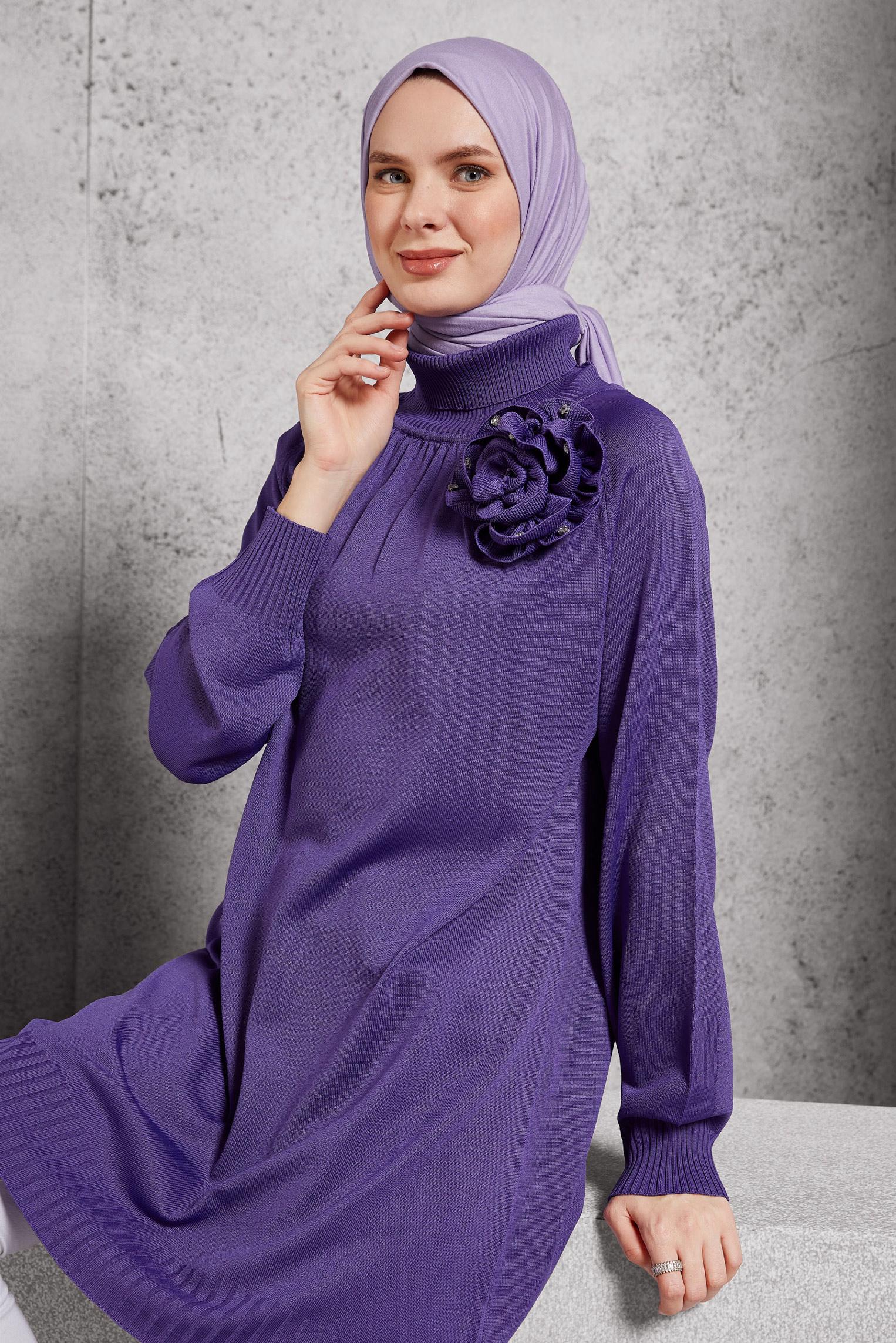 Tesettür giyim MOR BROŞ DETAYLI TRİKO TUNİK 44987