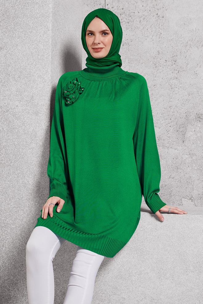 Vêtements hijab VERT TUNIQUE EN TRICOT AVEC BROCHE 44987 - ALVİNA