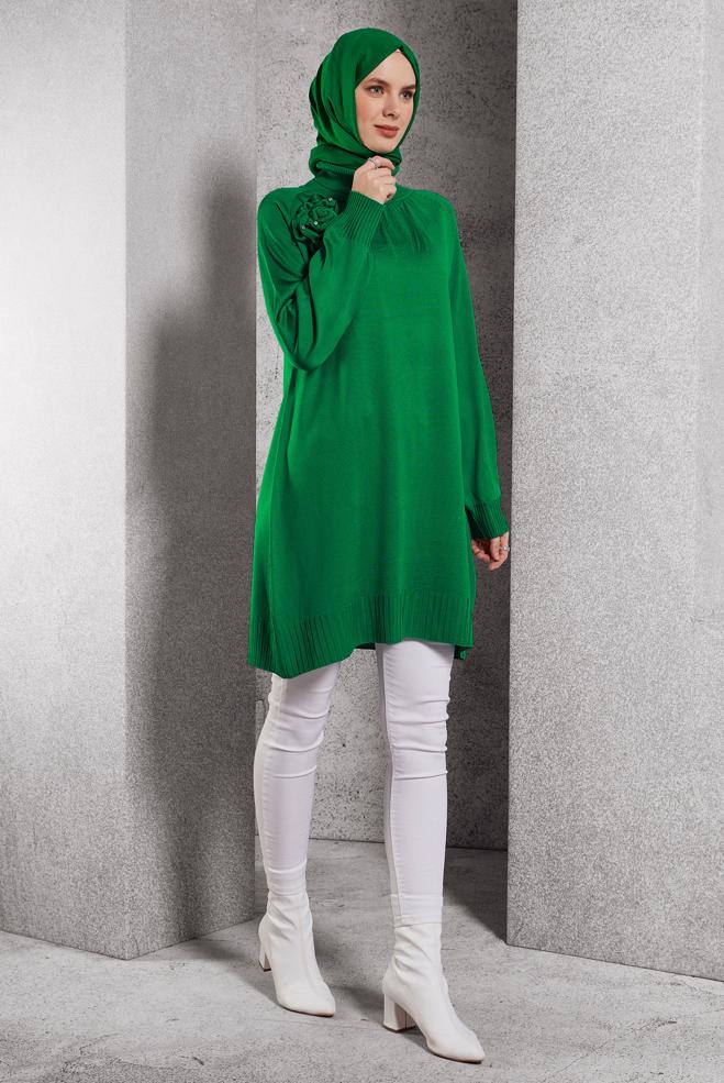 Vêtements hijab VERT TUNIQUE EN TRICOT AVEC BROCHE 44987 - ALVİNA