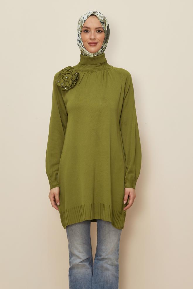 Vêtements hijab VERT TUNIQUE EN TRICOT AVEC BROCHE 44987 - ALVİNA