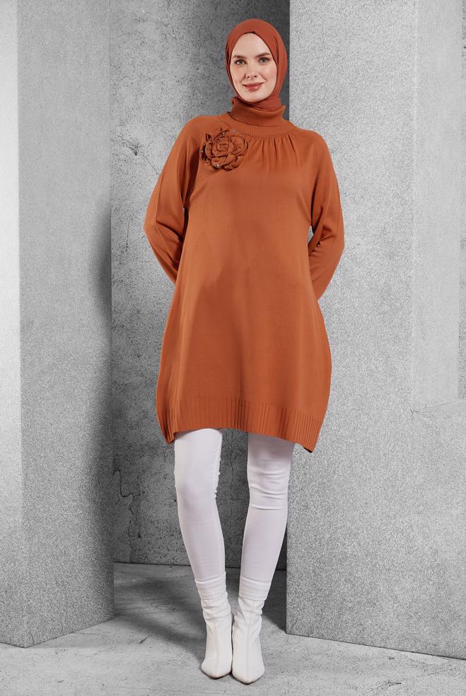 Vêtements hijab ORANGE TUNIQUE EN TRICOT AVEC BROCHE 44987 - ALVİNA
