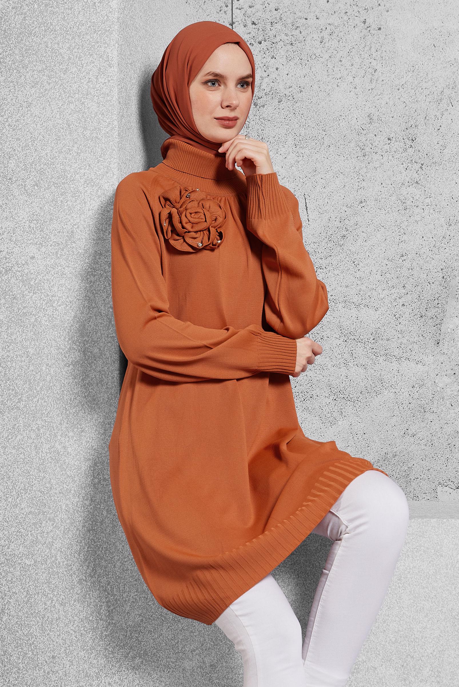 Vêtements hijab ORANGE TUNIQUE EN TRICOT AVEC BROCHE 44987