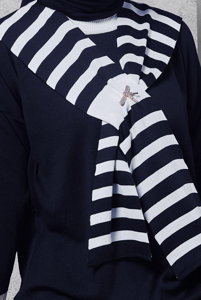 Hijab clothing NAVY BLUE KNITWEAR TUNIC WITH BROOCH 44990 - ALVİNA