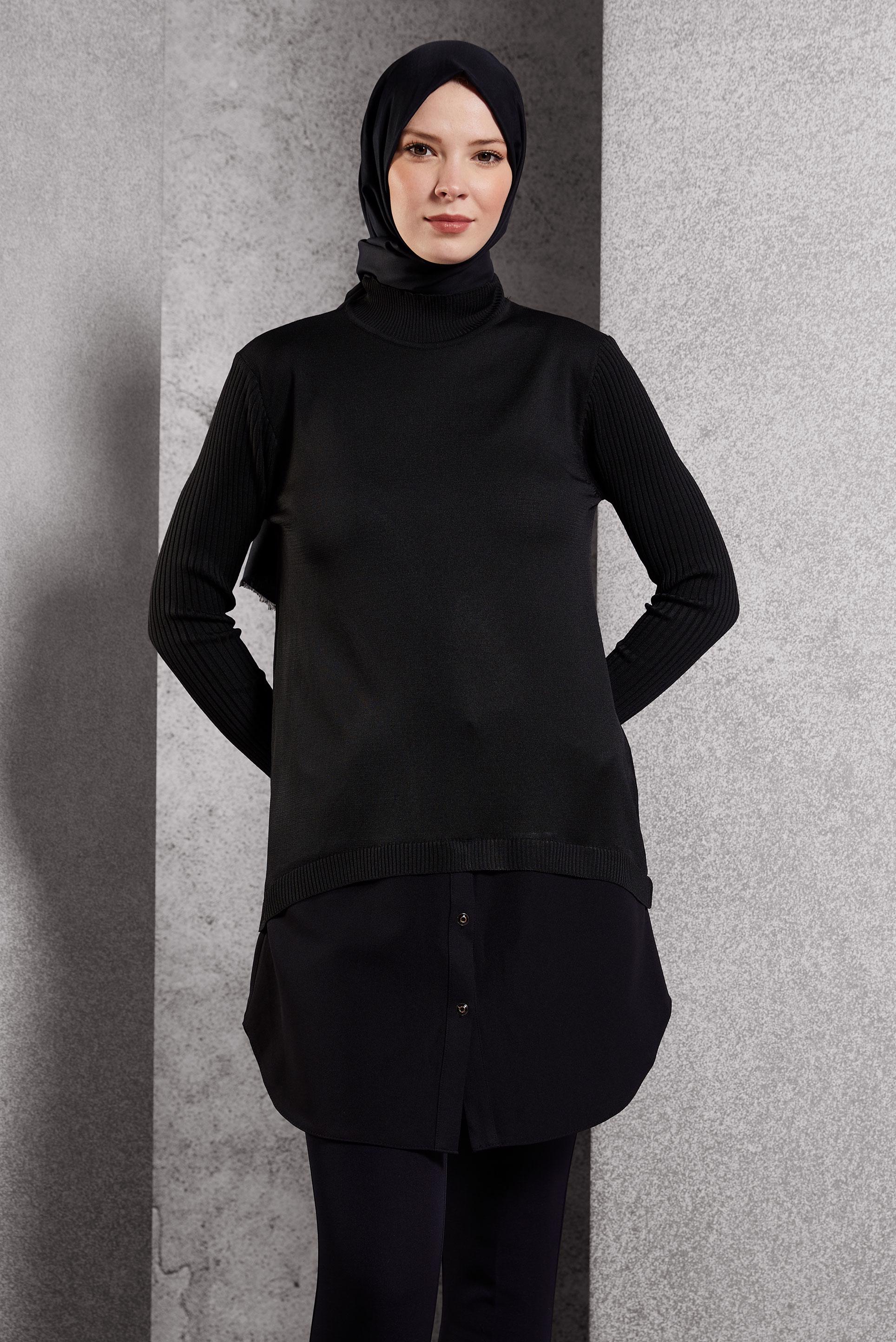 Tesettür giyim SİYAH GÖMLEK GARNİLİ TRİKO TUNİK 44998