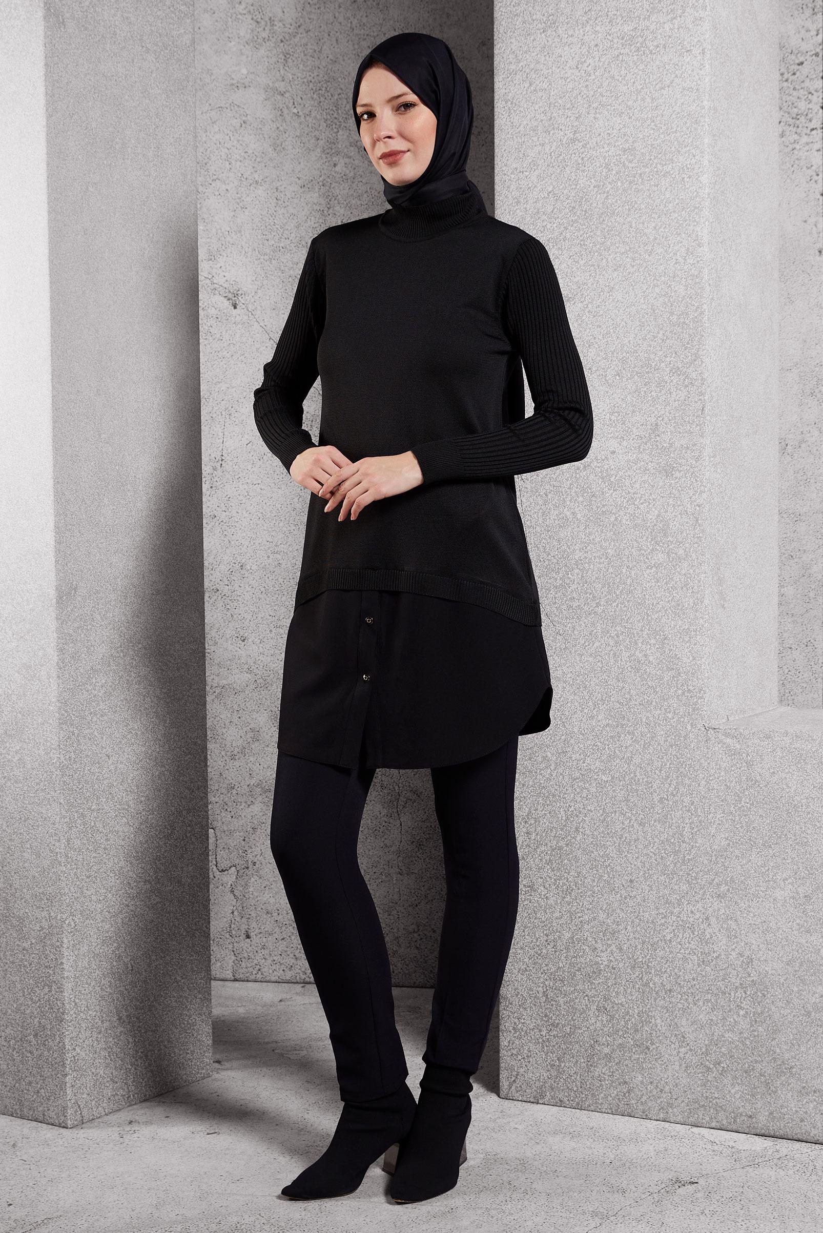 Tesettür giyim SİYAH GÖMLEK GARNİLİ TRİKO TUNİK 44998