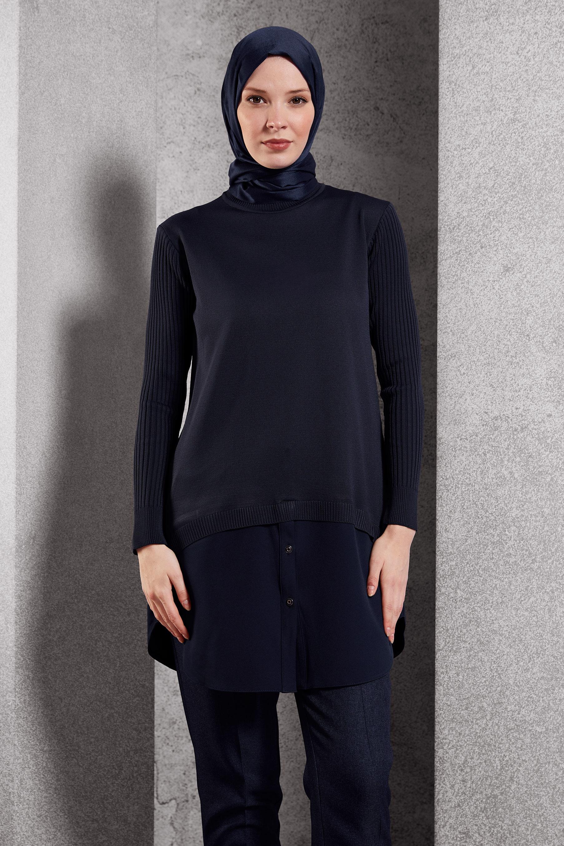 Tesettür giyim LACİVERT GÖMLEK GARNİLİ TRİKO TUNİK 44998