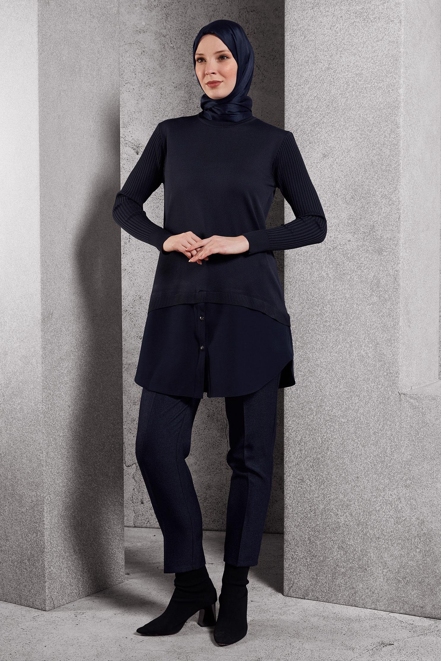 Tesettür giyim LACİVERT GÖMLEK GARNİLİ TRİKO TUNİK 44998