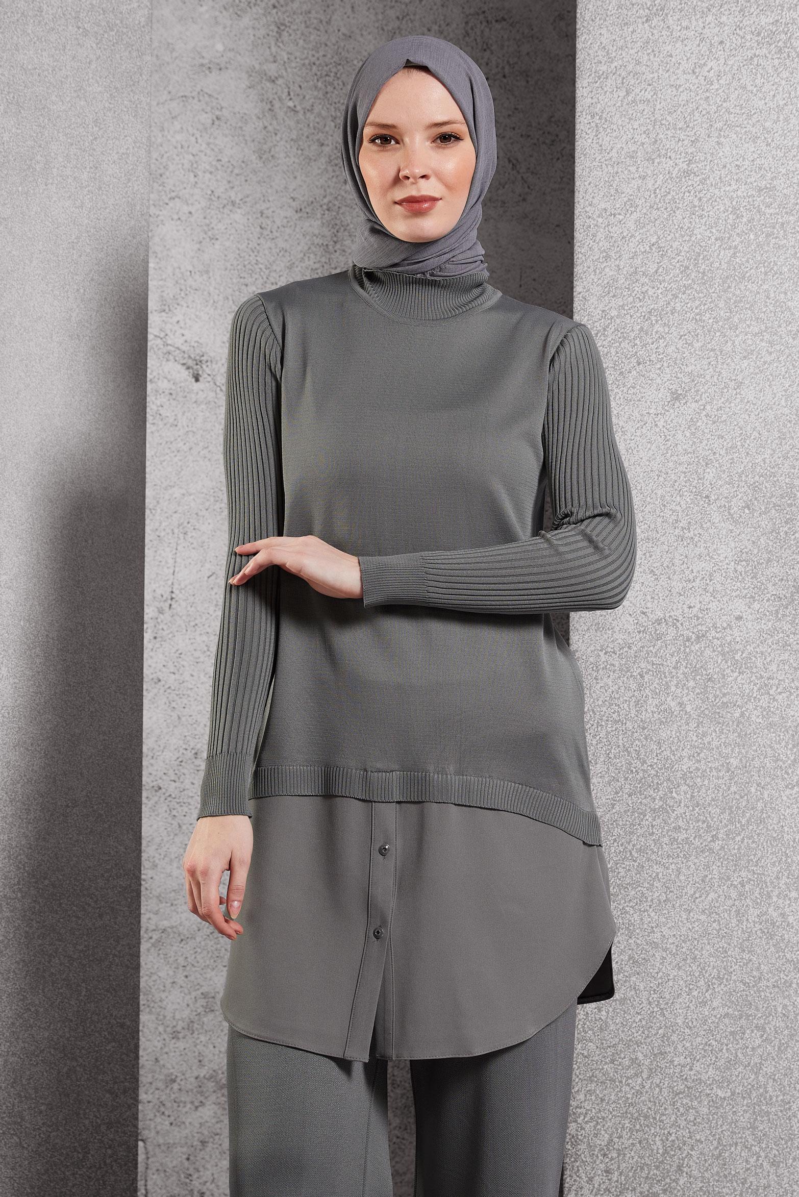 Tesettür giyim GRİ GÖMLEK GARNİLİ TRİKO TUNİK 44998