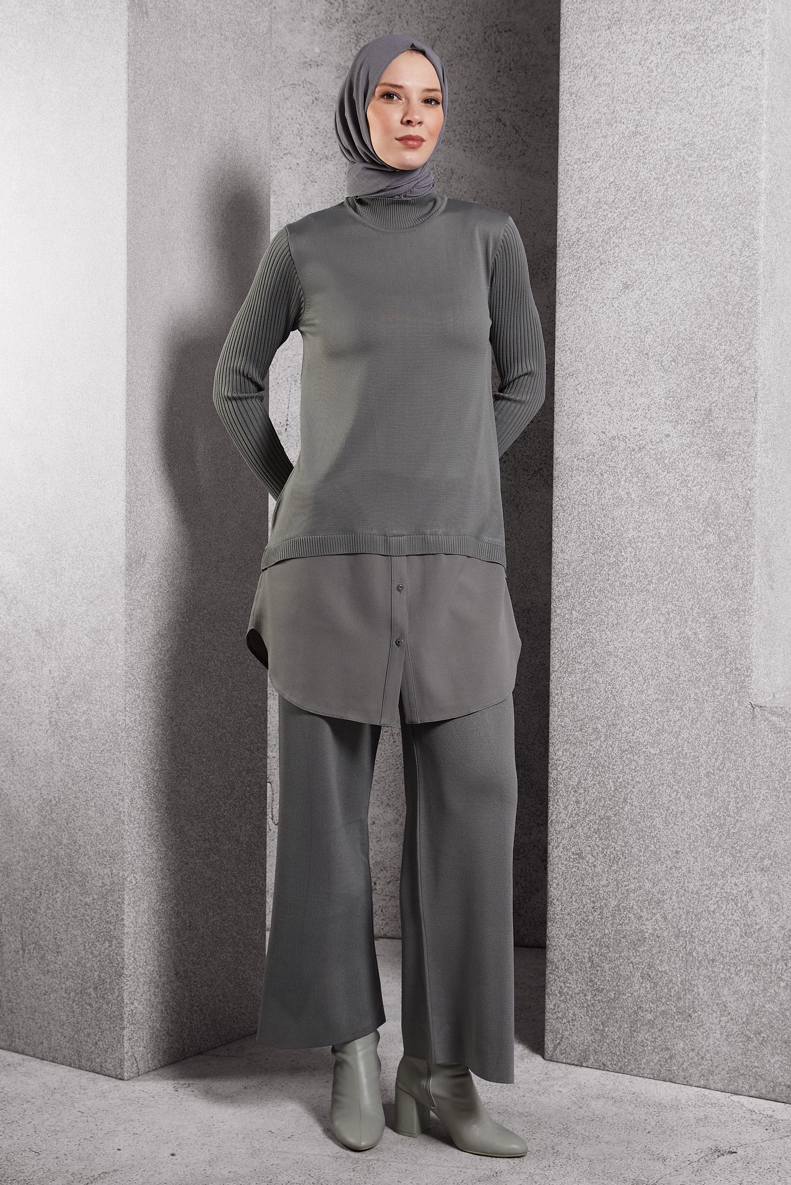 Tesettür giyim GRİ GÖMLEK GARNİLİ TRİKO TUNİK 44998