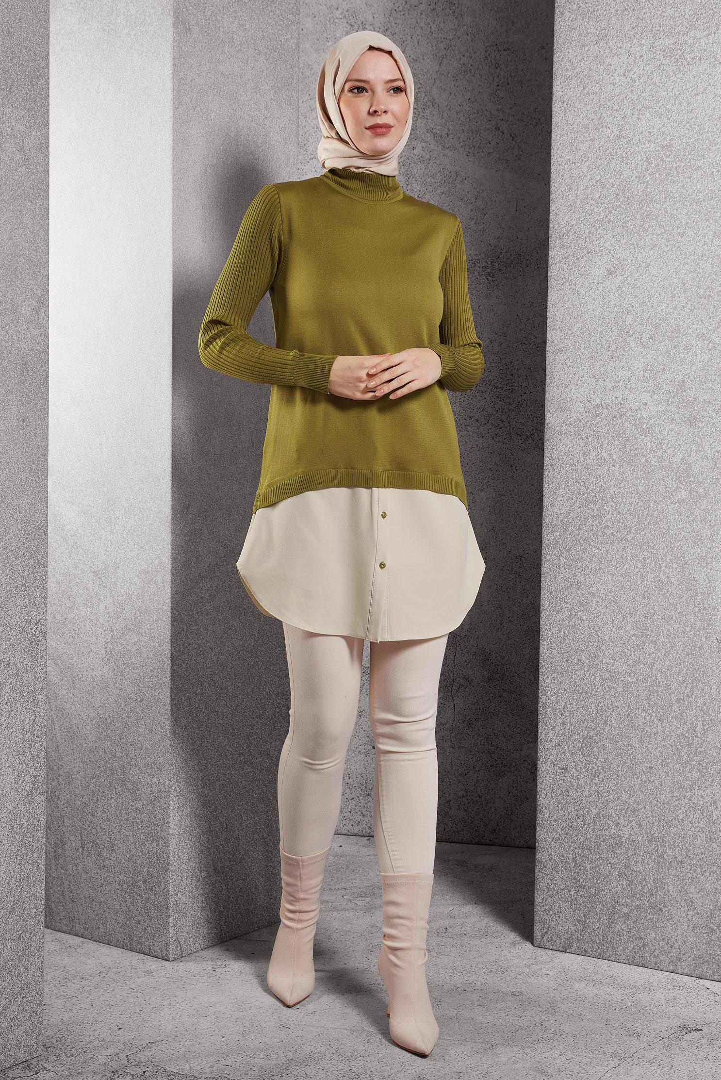 Tesettür giyim YEŞİL GÖMLEK GARNİLİ TRİKO TUNİK 44998