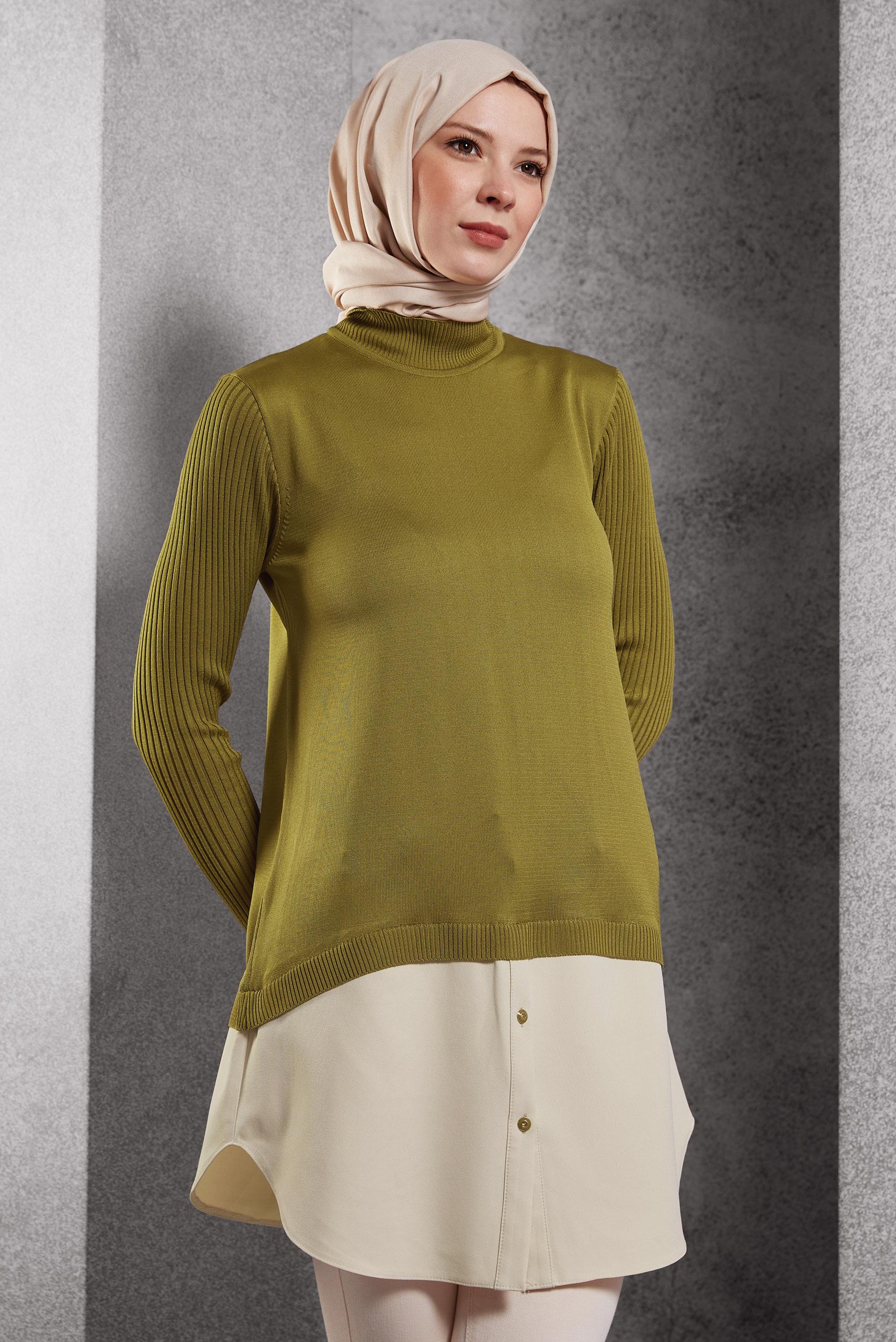 Tesettür giyim YEŞİL GÖMLEK GARNİLİ TRİKO TUNİK 44998