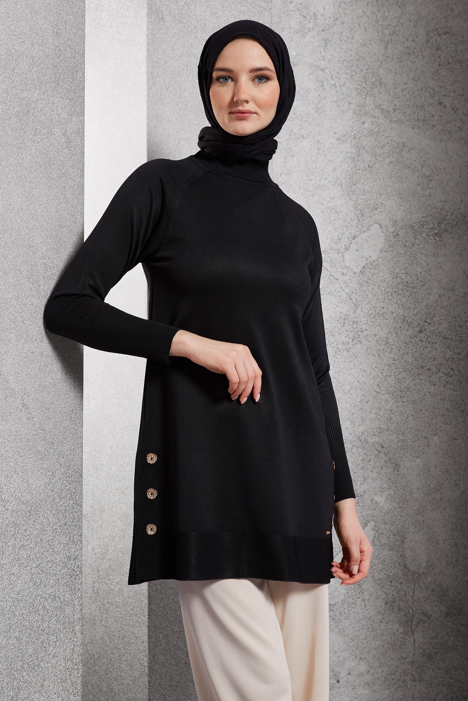 Tesettür giyim SİYAH DÜĞME DETAYLI TRİKO TUNİK 45018
