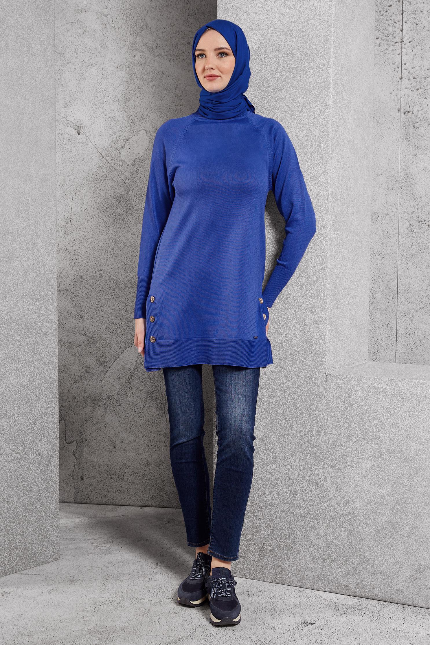 Tesettür giyim LACİVERT DÜĞME DETAYLI TRİKO TUNİK 45018