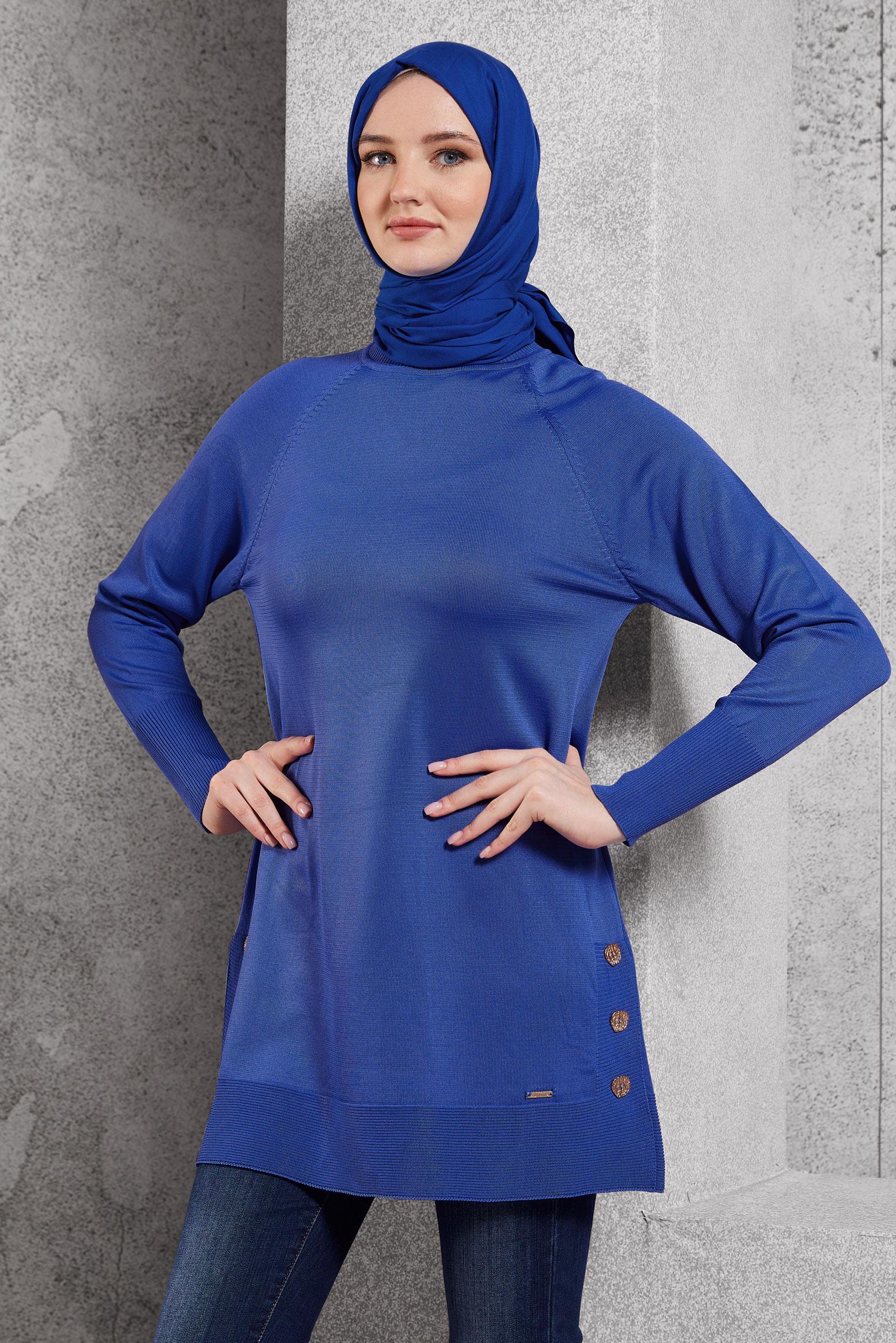 Tesettür giyim LACİVERT DÜĞME DETAYLI TRİKO TUNİK 45018