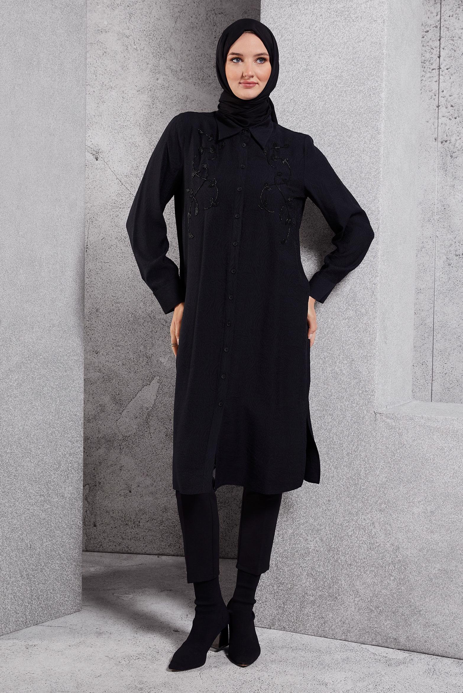 Tesettür giyim SİYAH JAKARLI UZUN TUNİK 45044