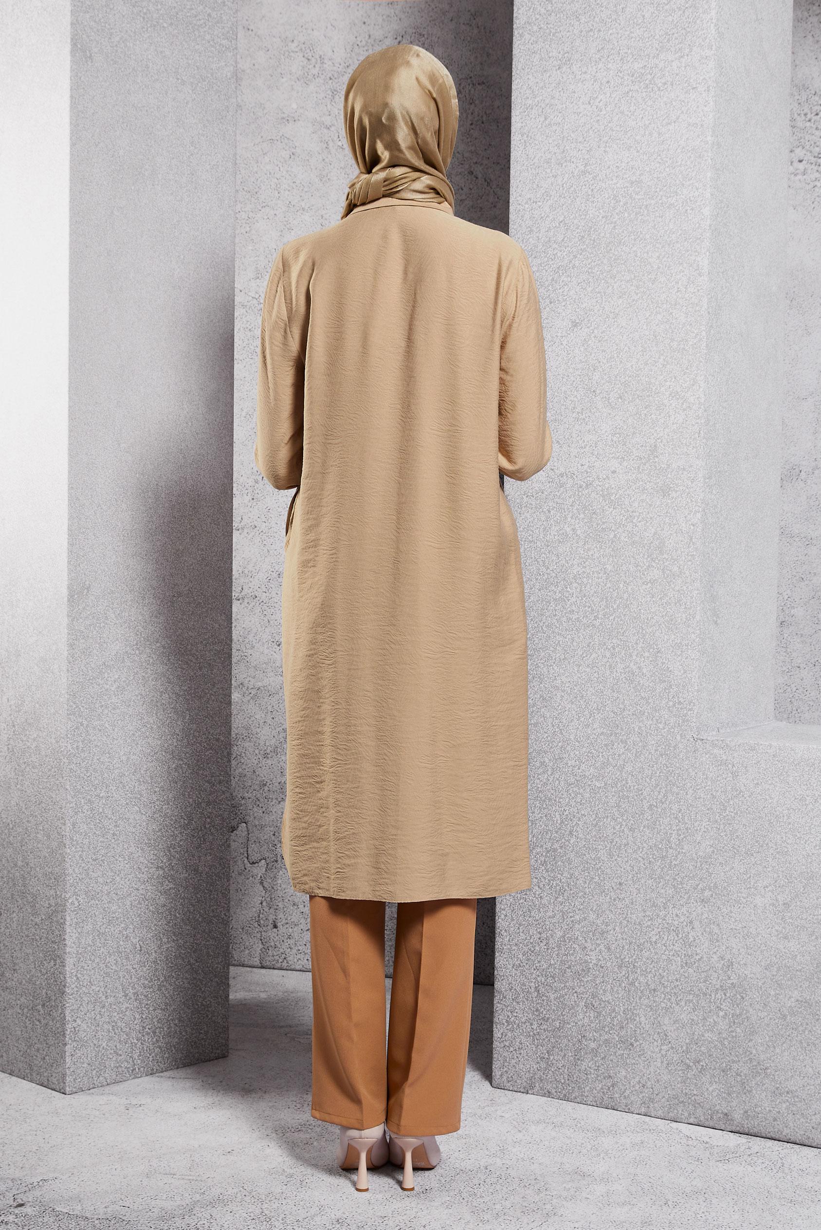 Tesettür giyim BEJ JAKARLI UZUN TUNİK 45044