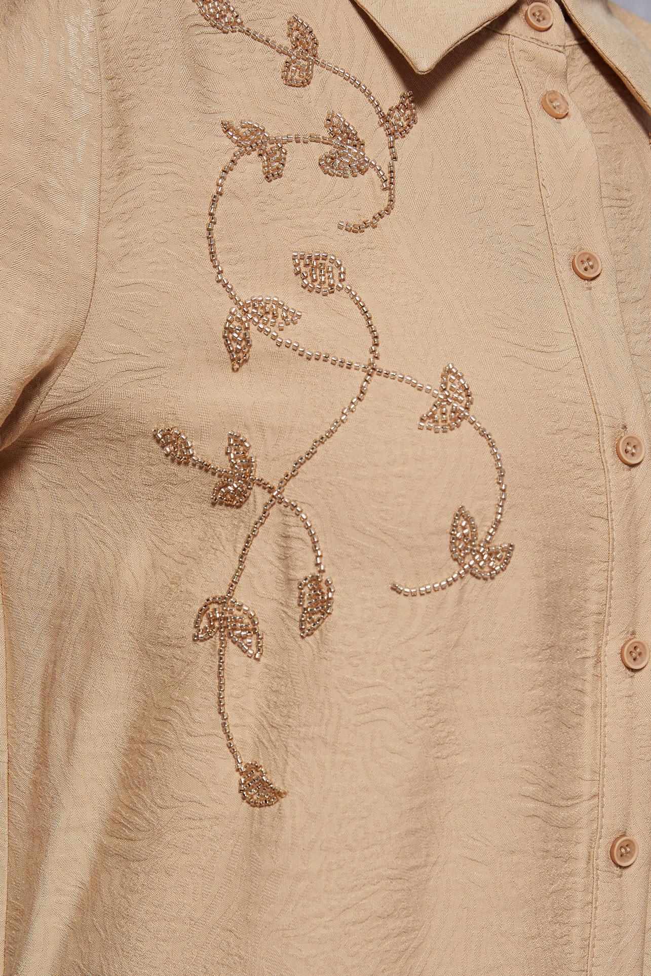 Tesettür giyim BEJ JAKARLI UZUN TUNİK 45044