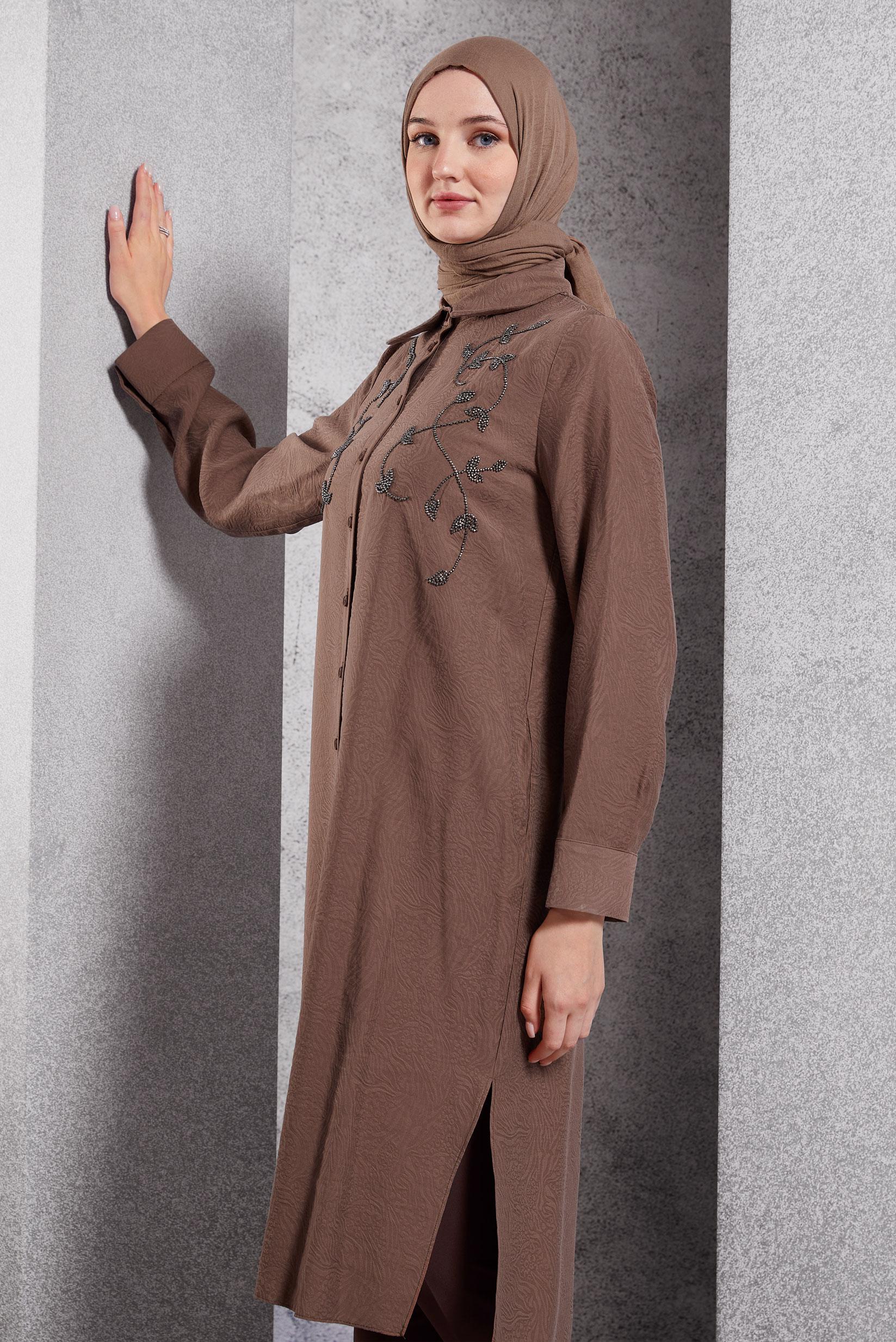 Tesettür giyim KAHVE JAKARLI UZUN TUNİK 45044