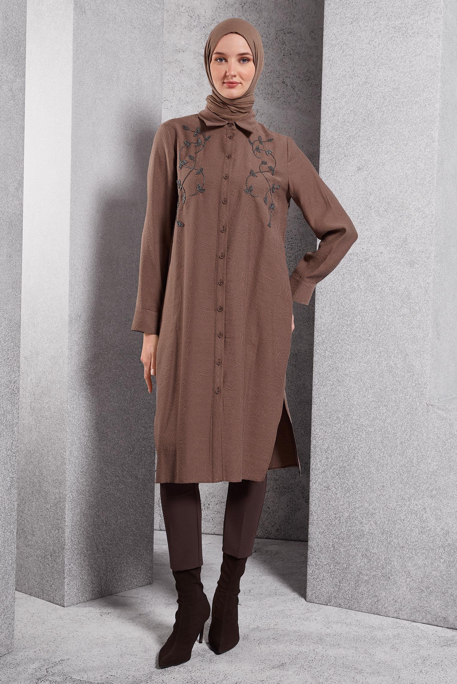 Tesettür giyim KAHVE JAKARLI UZUN TUNİK 45044