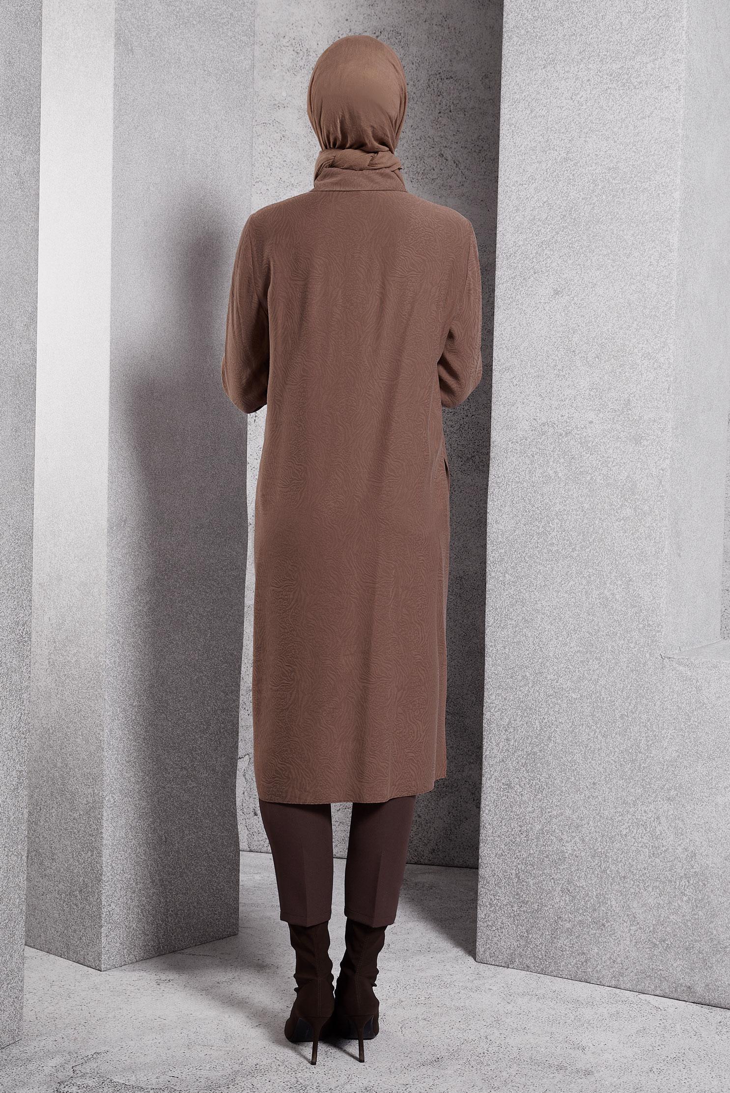 Tesettür giyim KAHVE JAKARLI UZUN TUNİK 45044