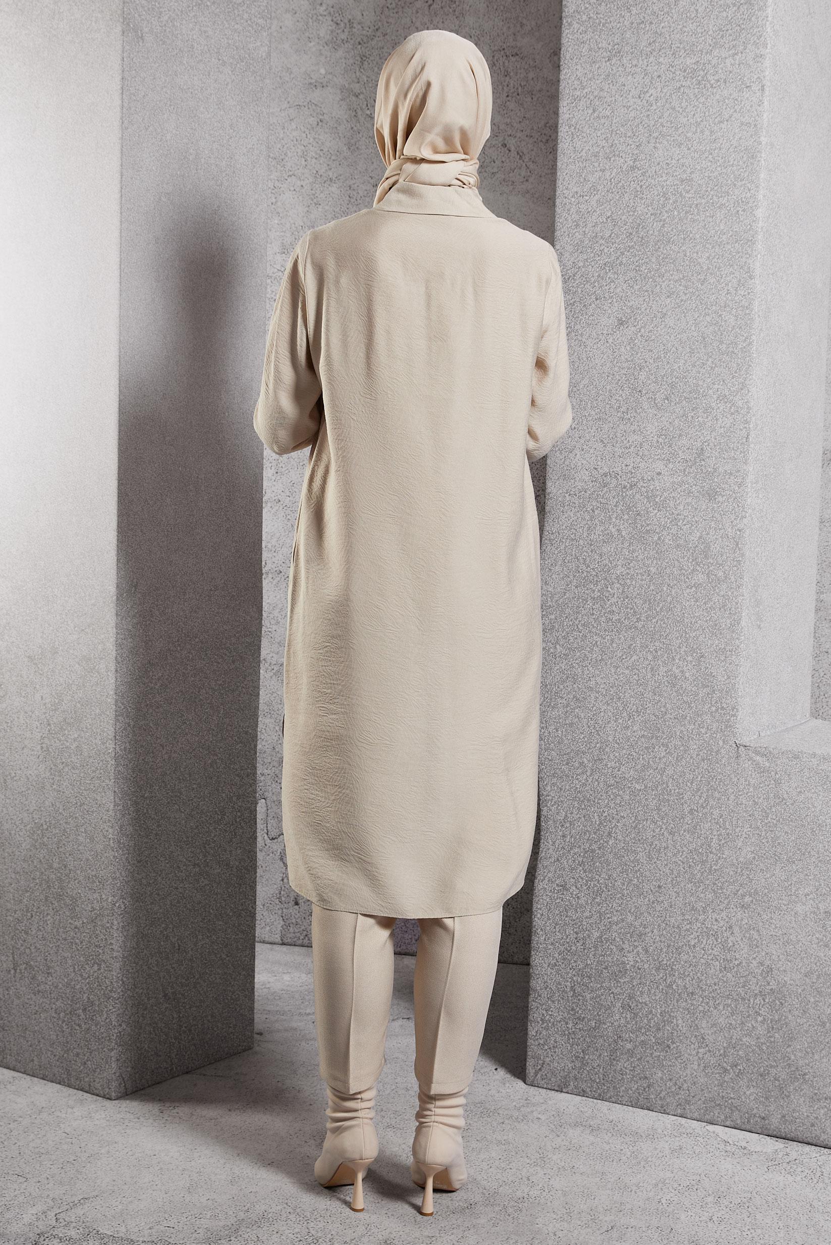 Tesettür giyim BEJ JAKARLI UZUN TUNİK 45044