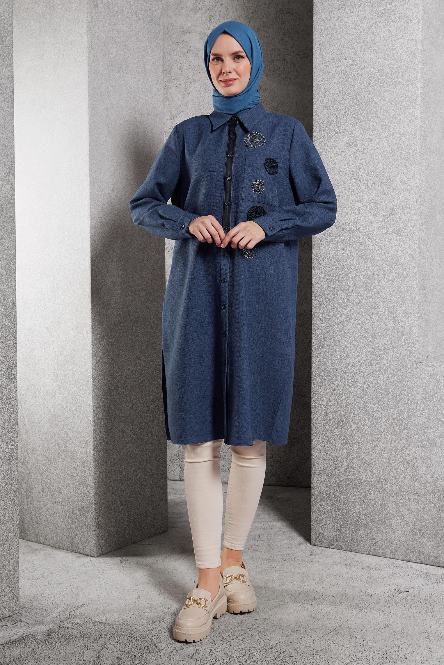 Tesettür giyim LACİVERT ARMÜRLÜ TESETTÜR TUNİK 45045