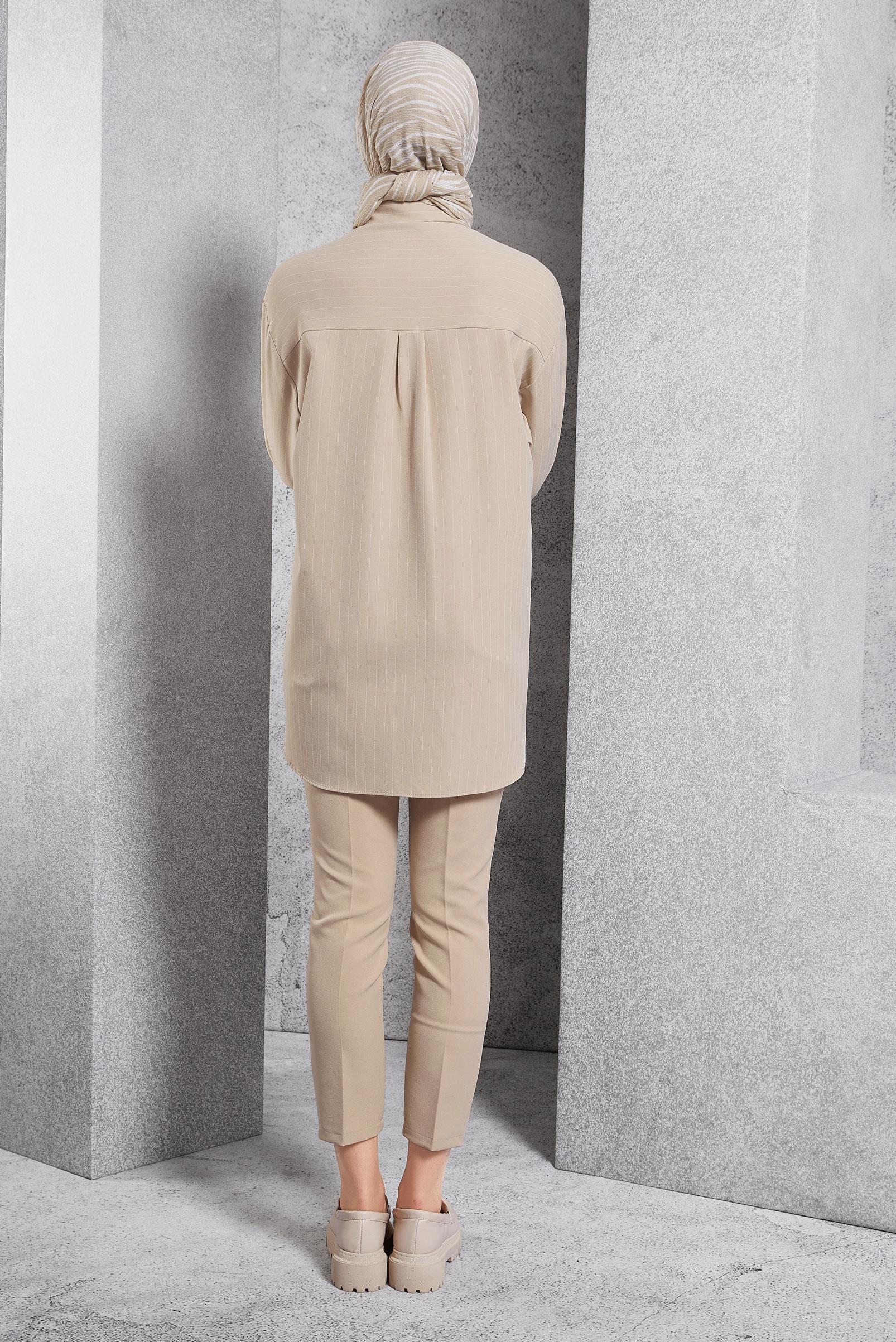 Tesettür giyim BEJ İŞLEME DETAYLI ÇİZGİLİ TUNİK 45048